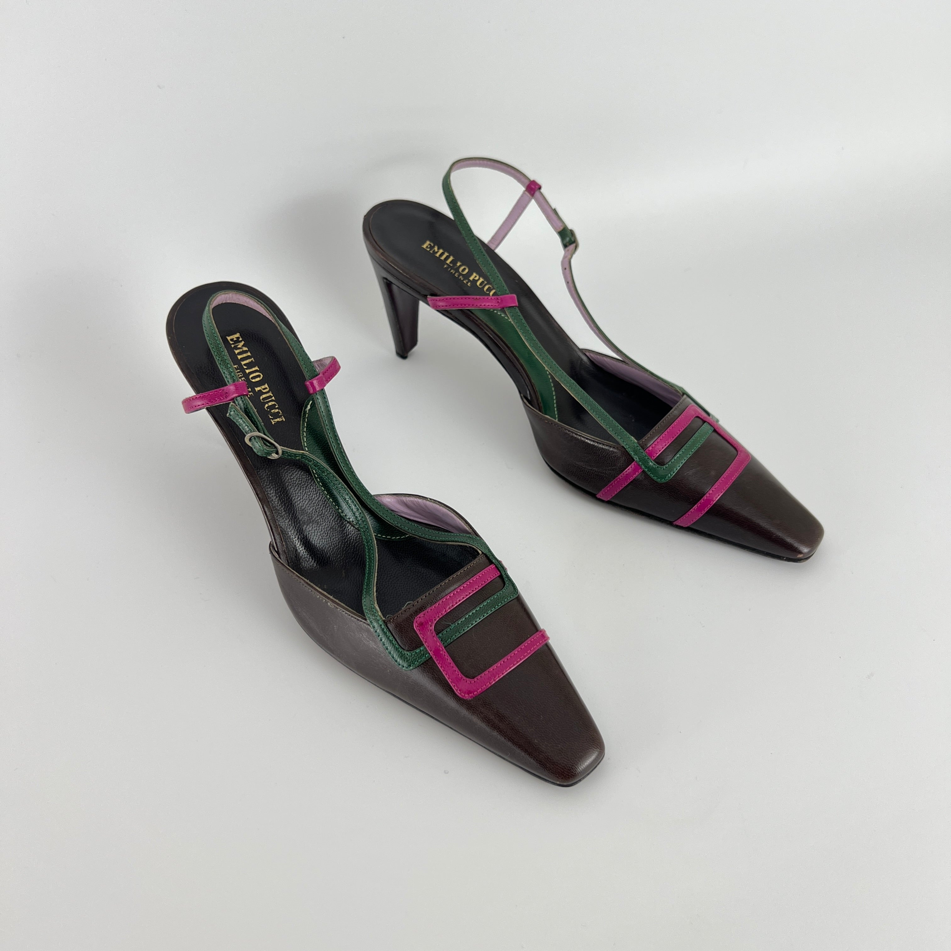 Emilio Pucci | Vintage Brown Leather Pink Green Stripe Pointed Toe Slingback (36.5)