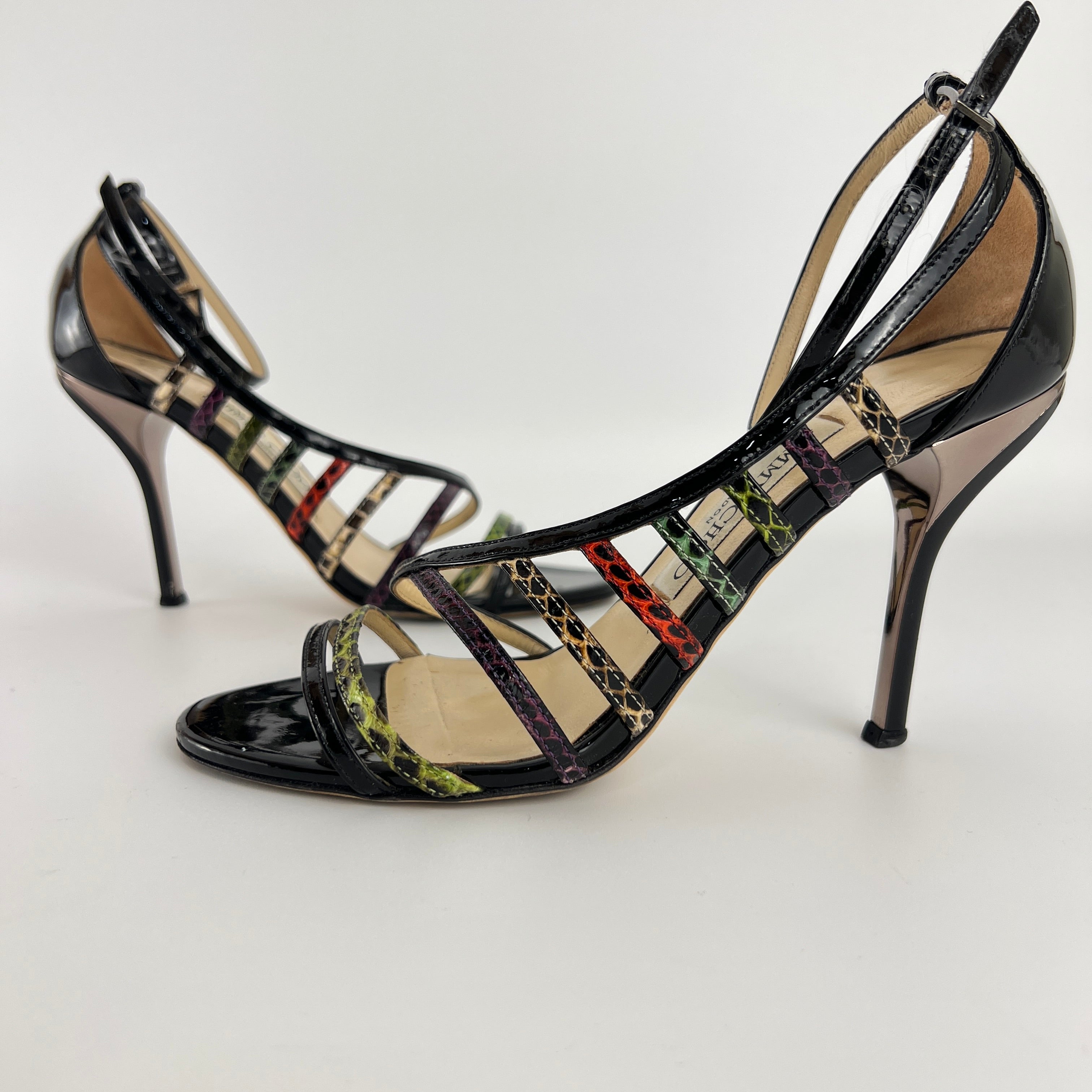 Jimmy Choo | Delta Vuka Black Patent Leather Snake Mulitcolor Strap Heels (36.5)