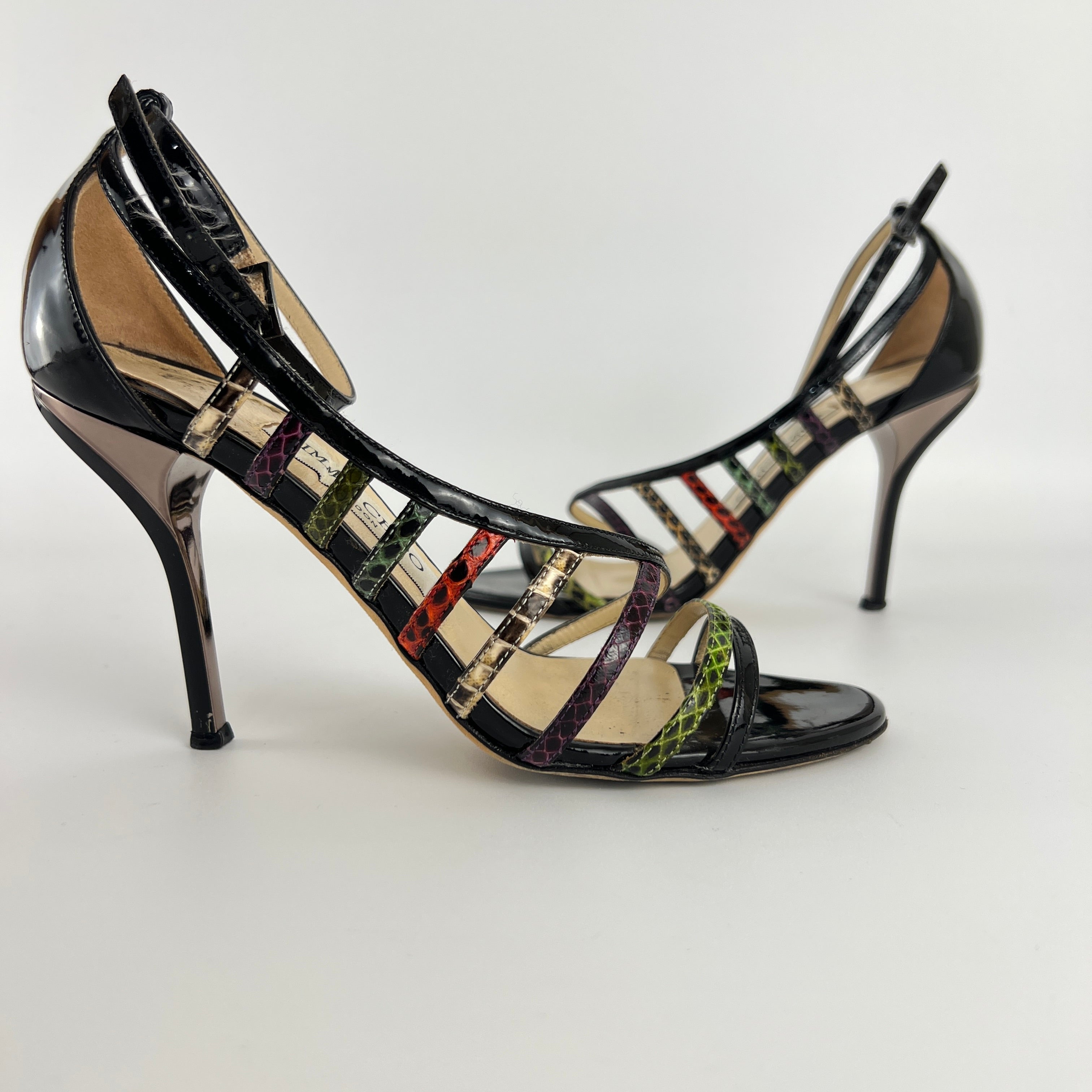 Jimmy Choo | Delta Vuka Black Patent Leather Snake Mulitcolor Strap Heels (36.5)