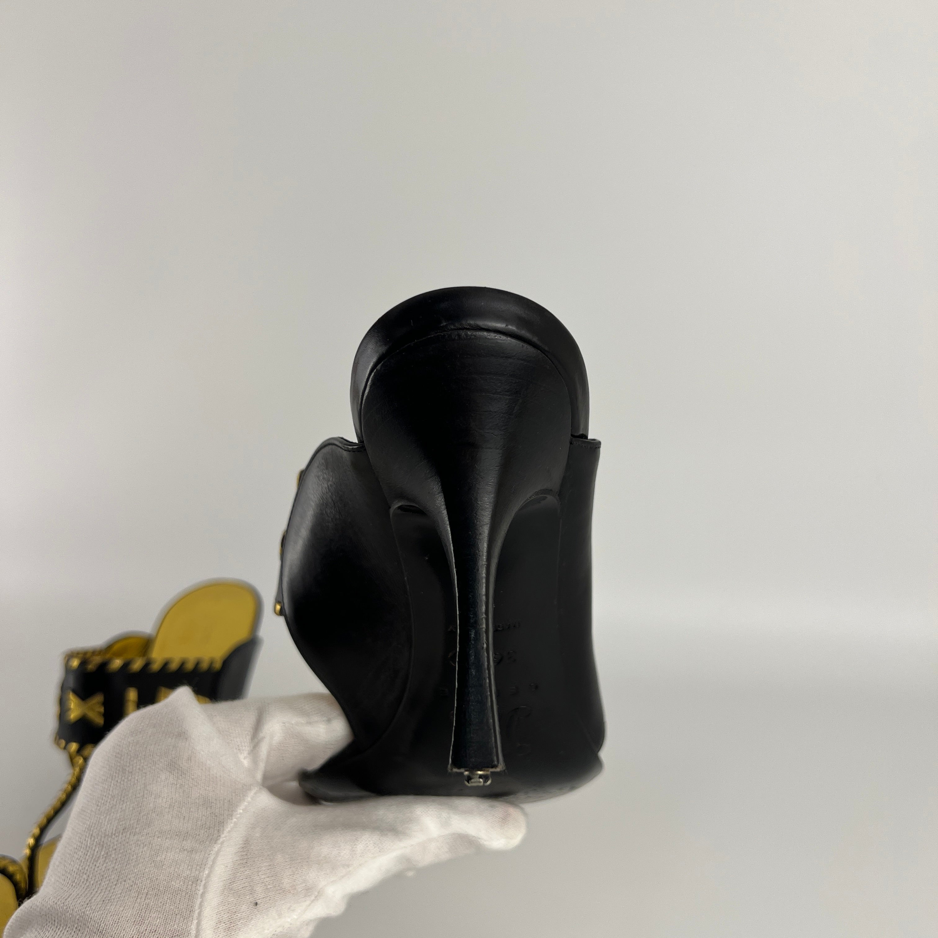 Celine | Vintage Black Gold Leather Embellished Thong Heels Toe Loop (36C)