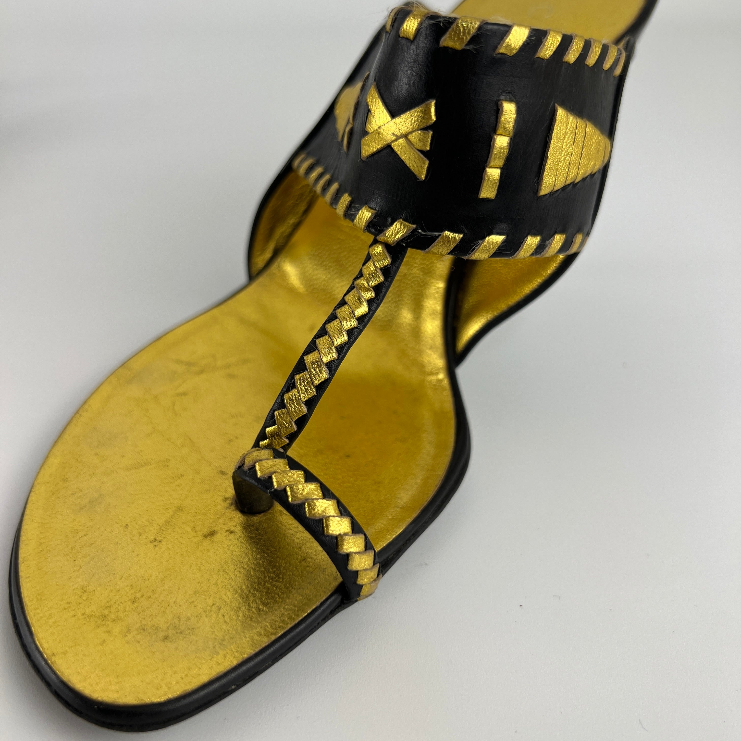 Celine | Vintage Black Gold Leather Embellished Thong Heels Toe Loop (36C)