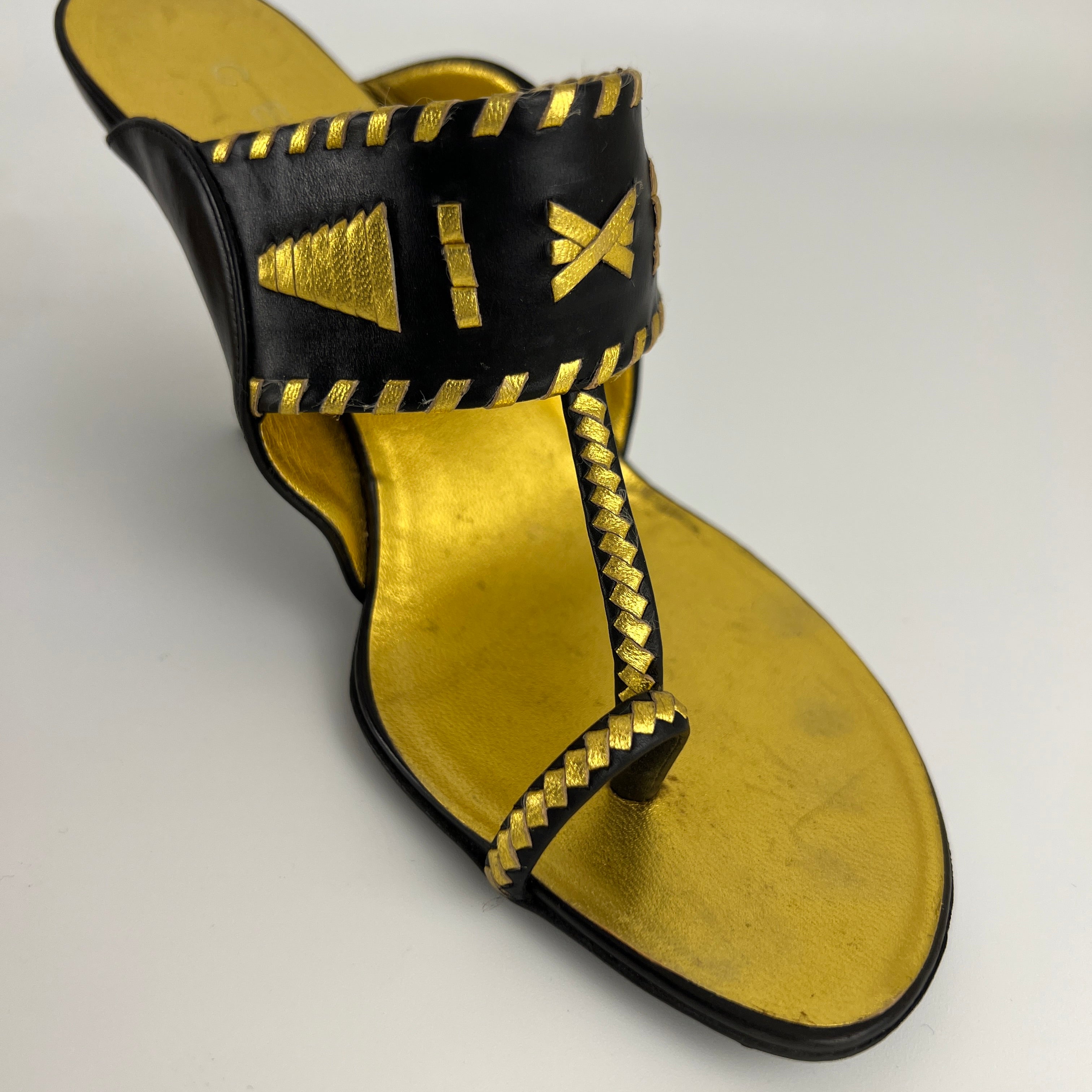 Celine | Vintage Black Gold Leather Embellished Thong Heels Toe Loop (36C)