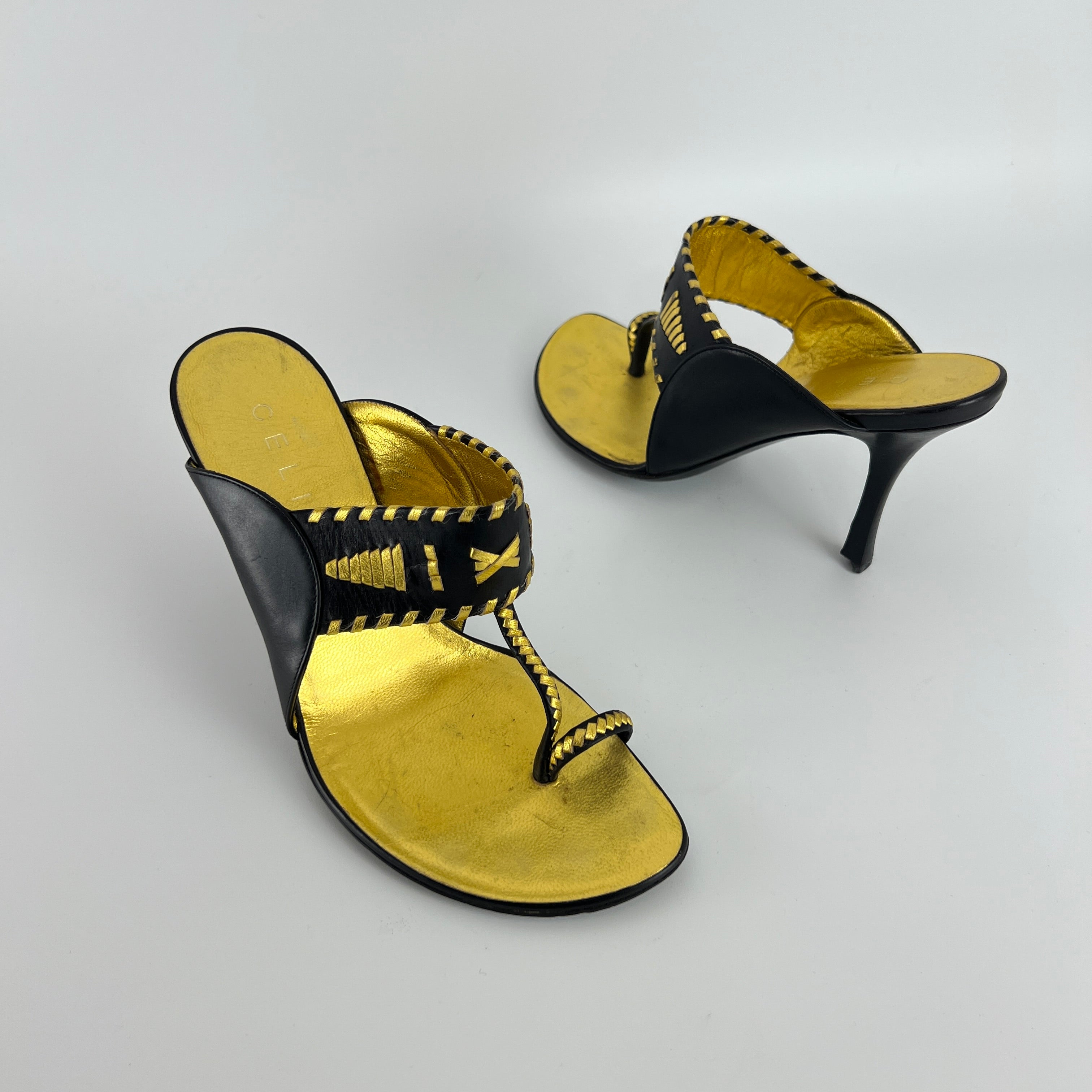 Celine | Vintage Black Gold Leather Embellished Thong Heels Toe Loop (36C)