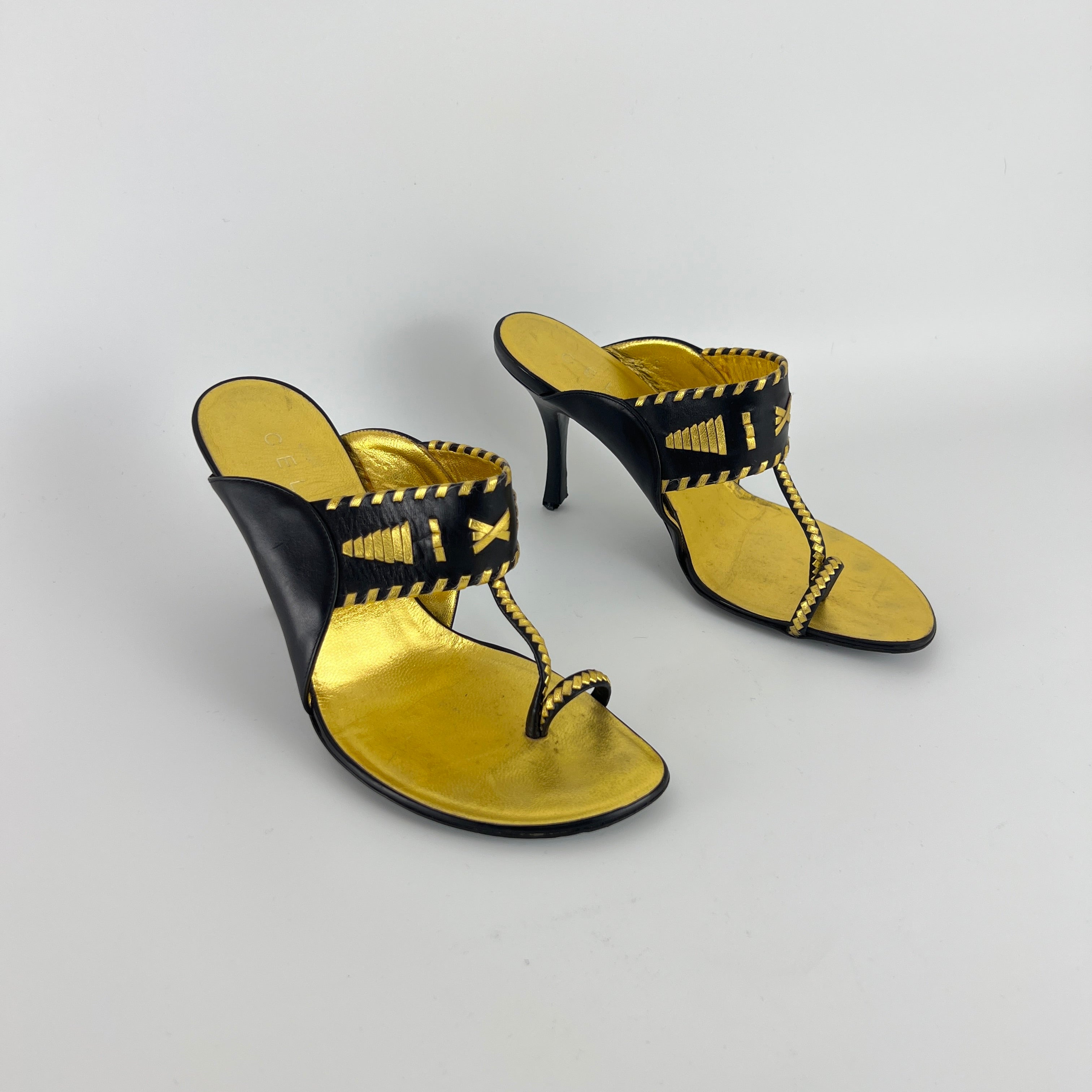 Celine | Vintage Black Gold Leather Embellished Thong Heels Toe Loop (36C)
