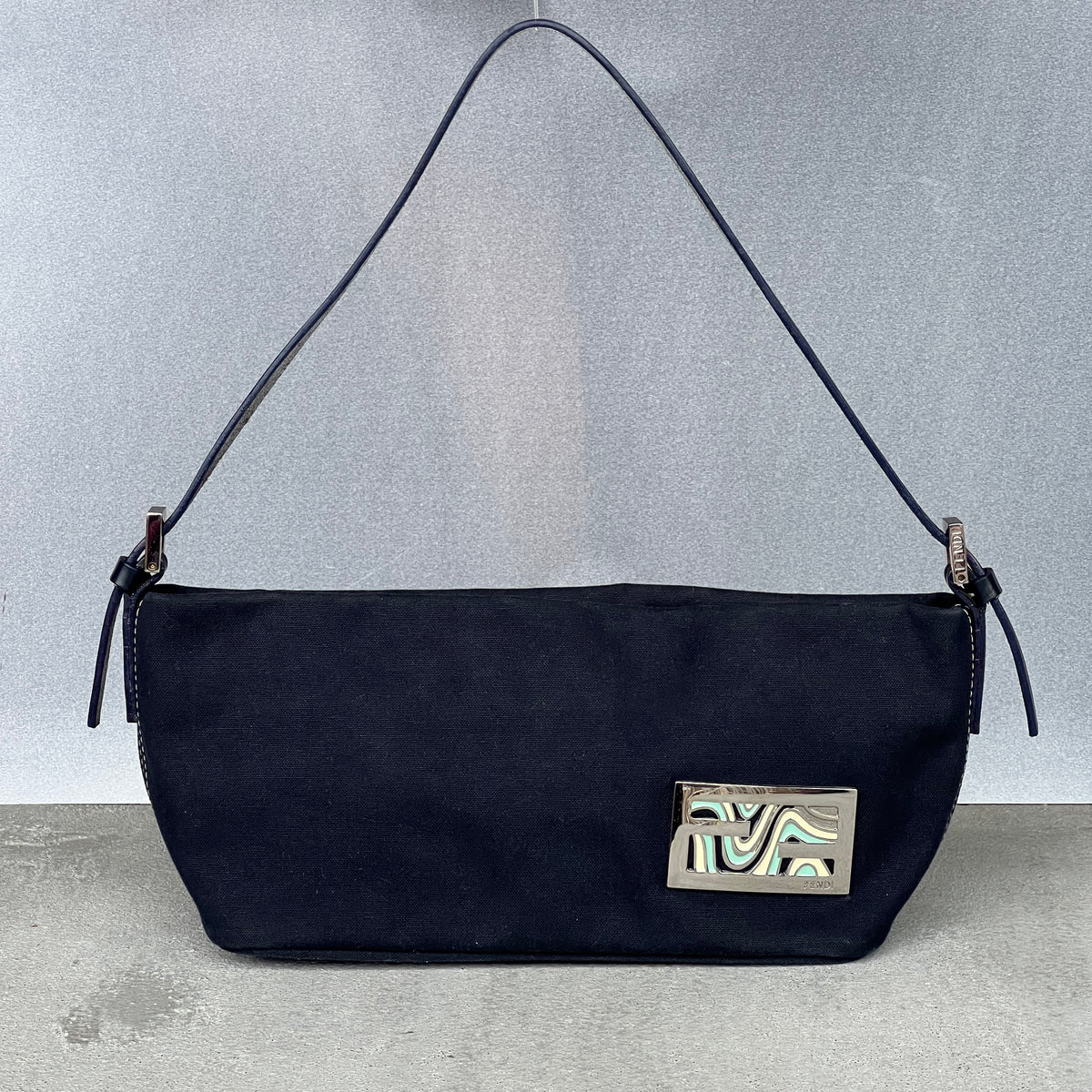 Fendi | Vintage 1997 Re-Edition Enamel Swirl FF Silver Hardware Buckle Navy Canvas Pochette Shoulder Bag
