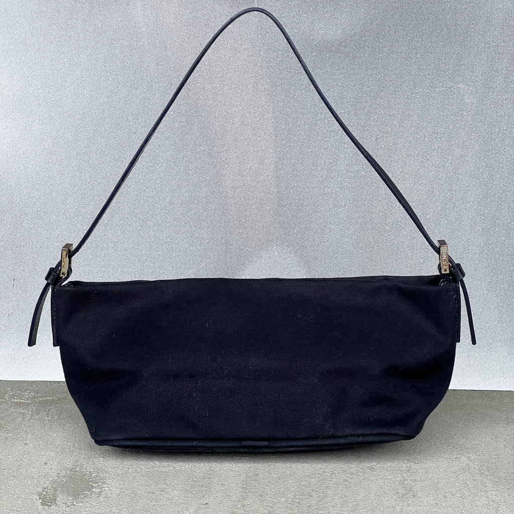 Fendi | Vintage 1997 Re-Edition Enamel Swirl FF Silver Hardware Buckle Navy Canvas Pochette Shoulder Bag