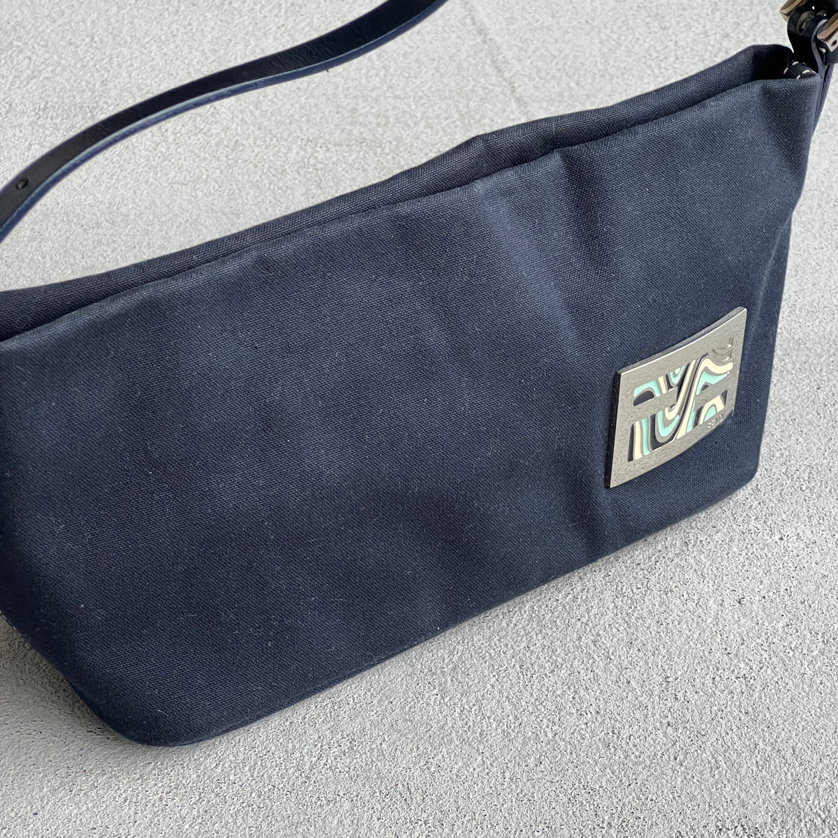 Fendi | Vintage 1997 Re-Edition Enamel Swirl FF Silver Hardware Buckle Navy Canvas Pochette Shoulder Bag