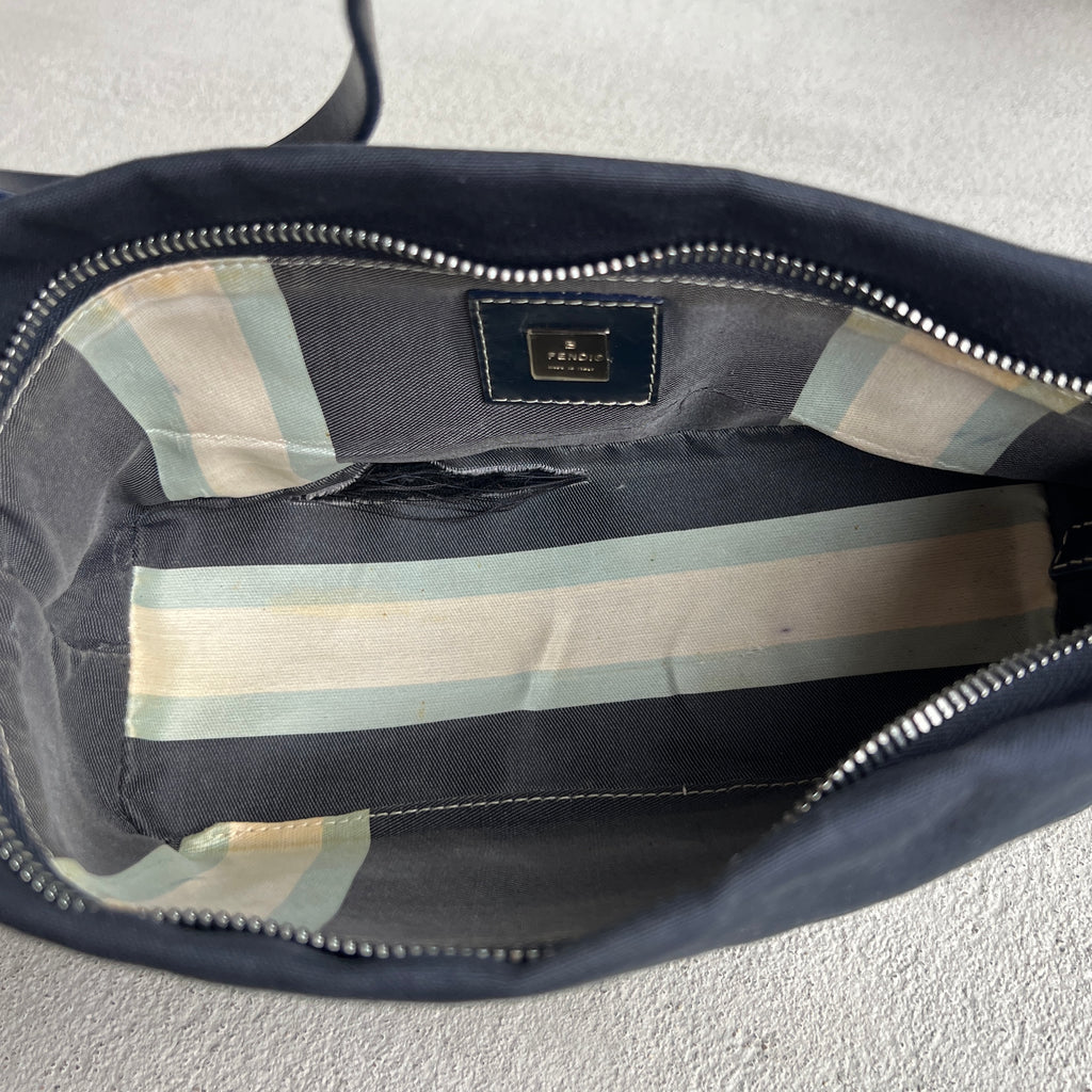 Fendi | Vintage 1997 Re-Edition Enamel Swirl FF Silver Hardware Buckle Navy Canvas Pochette Shoulder Bag