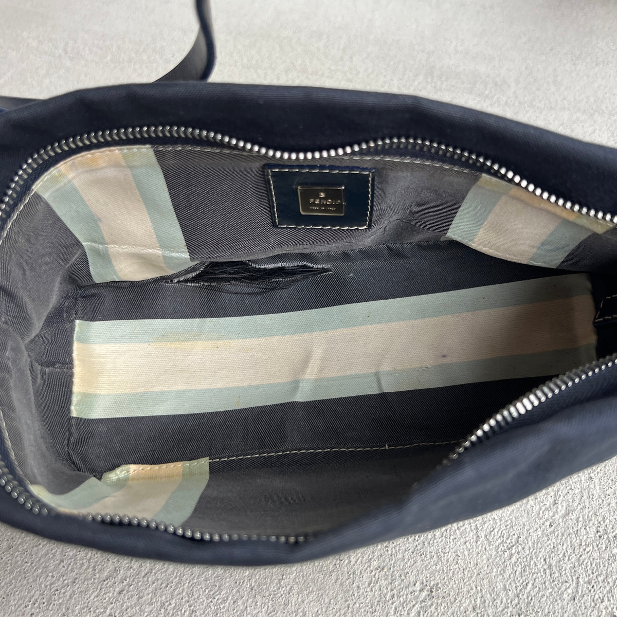 Fendi | Vintage 1997 Re-Edition Enamel Swirl FF Silver Hardware Buckle Navy Canvas Pochette Shoulder Bag