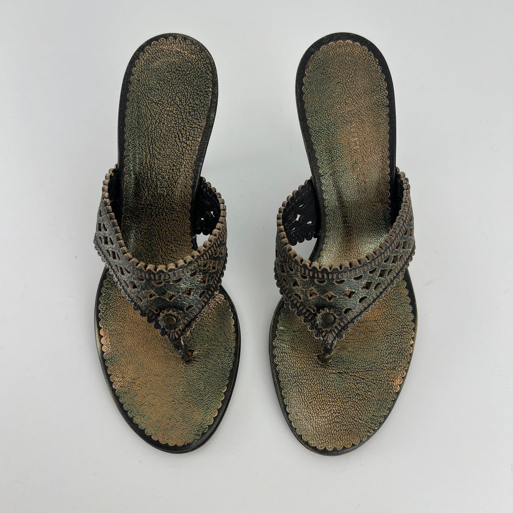 L'Autre Chose | Metallic Green Leather Geometric Thong Sandal Heels (35)