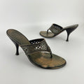 L'Autre Chose | Metallic Green Leather Geometric Thong Sandal Heels (35)