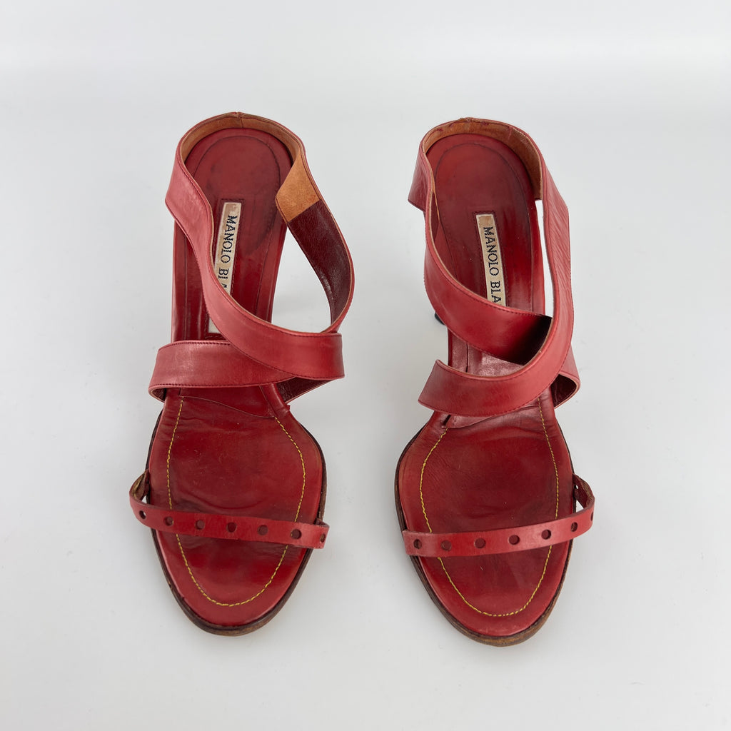 Manolo Blahnik | Red Leather Cross Strap Sandal Slide Mules (36)