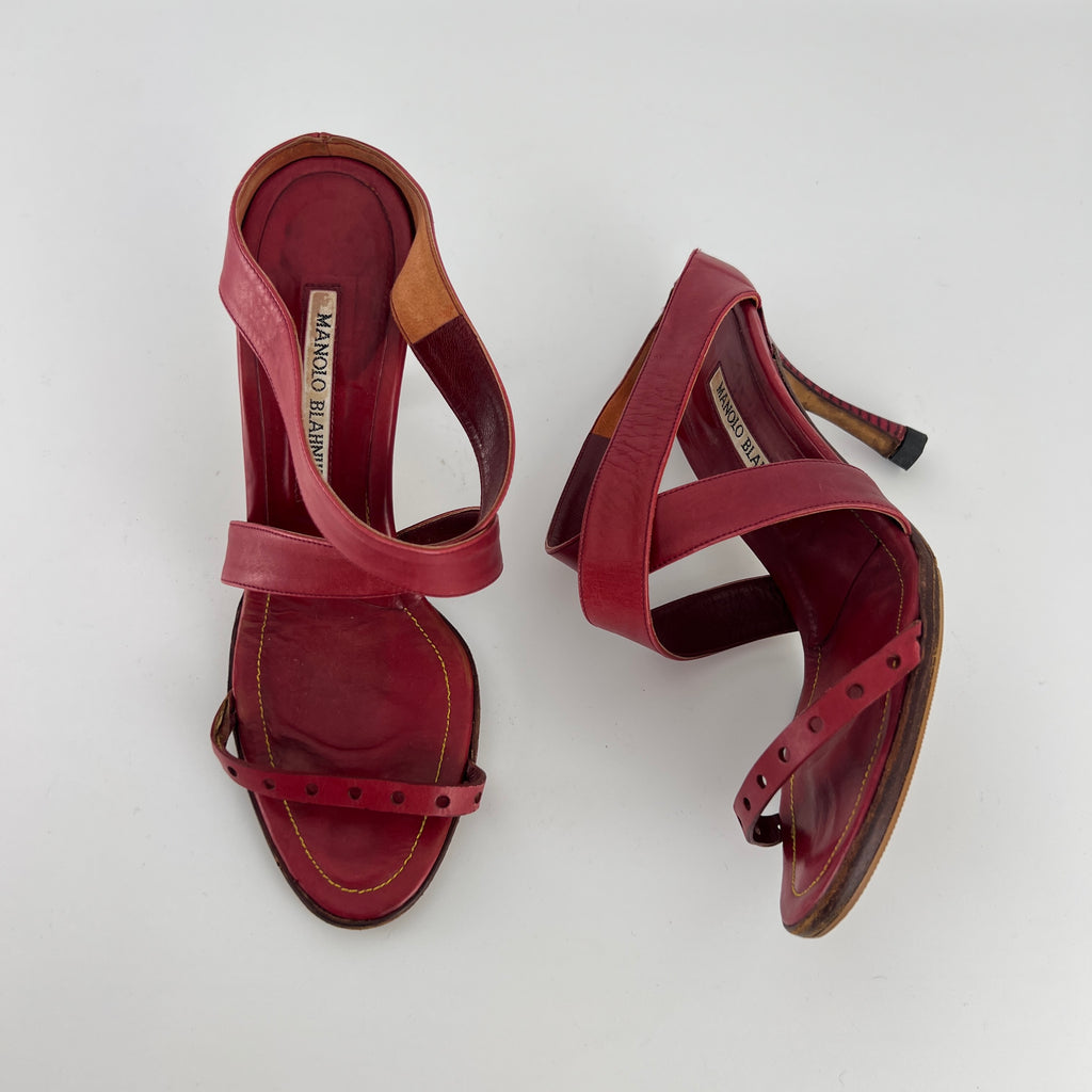 Manolo Blahnik | Red Leather Cross Strap Sandal Slide Mules (36)
