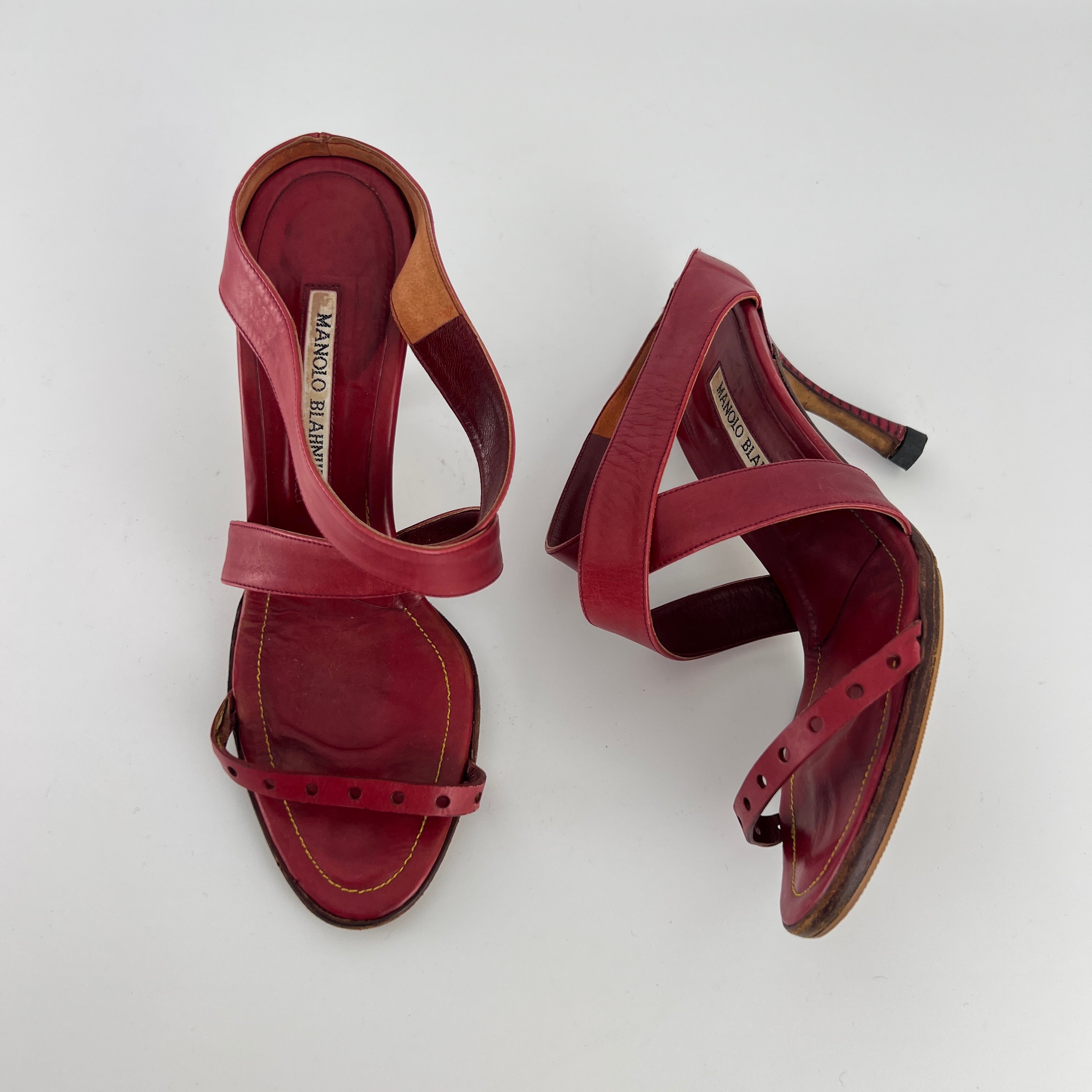 Manolo Blahnik | Red Leather Cross Strap Sandal Slide Mules (36)