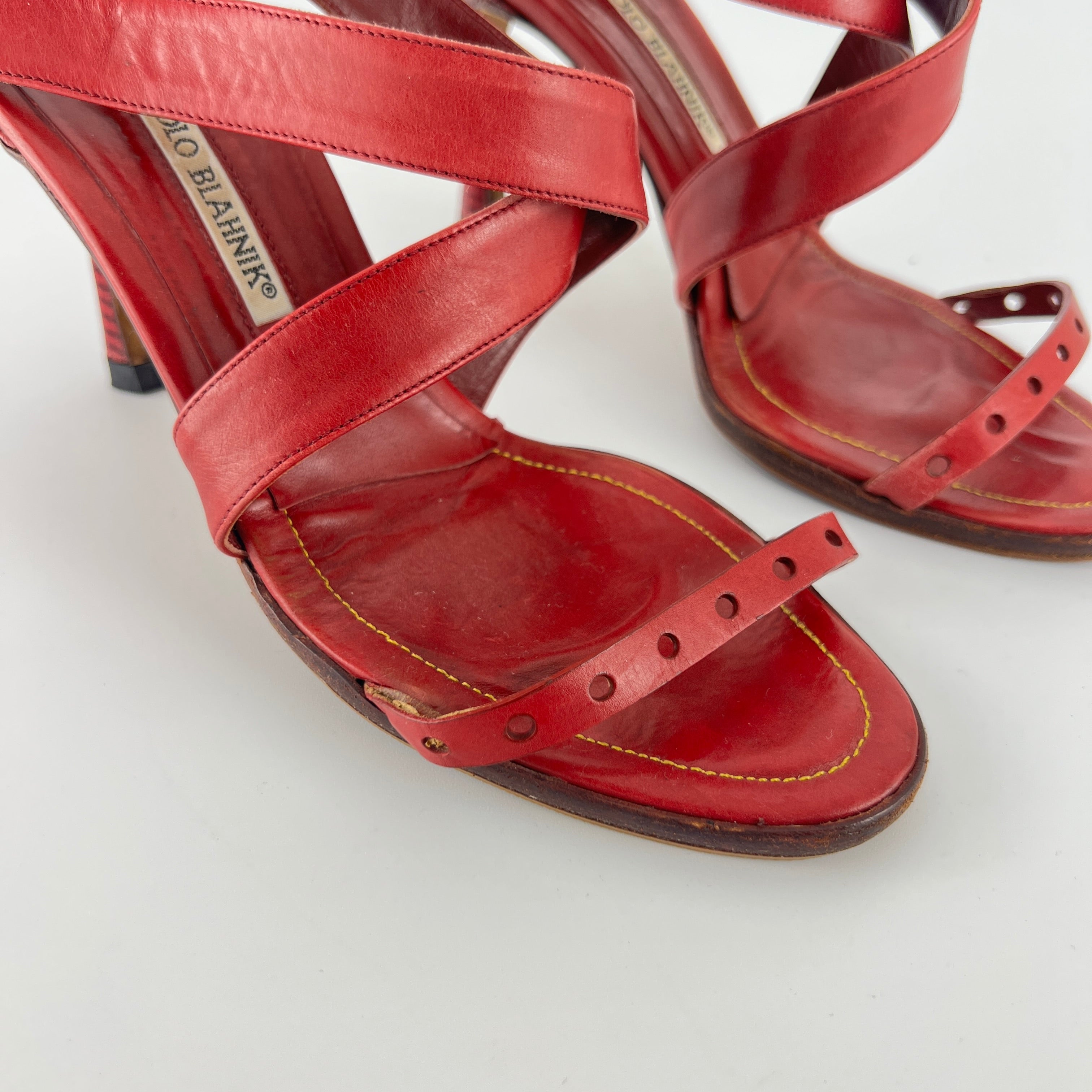 Manolo Blahnik | Red Leather Cross Strap Sandal Slide Mules (36)