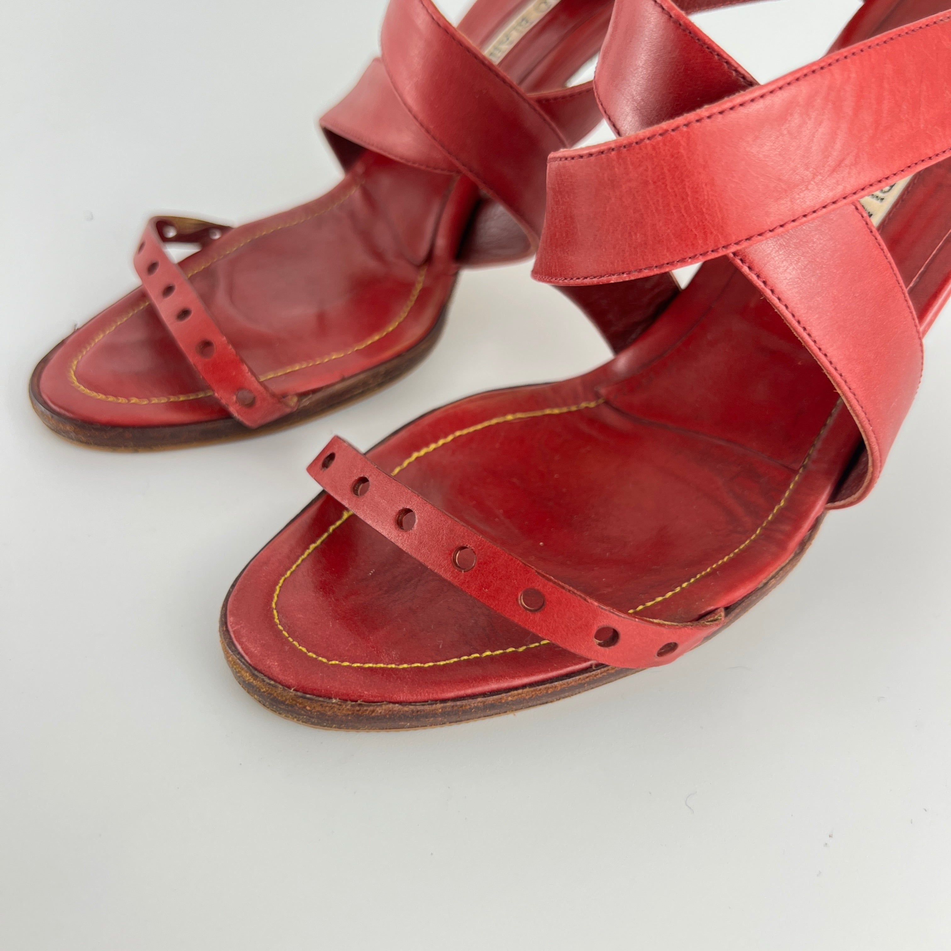 Manolo Blahnik | Red Leather Cross Strap Sandal Slide Mules (36)