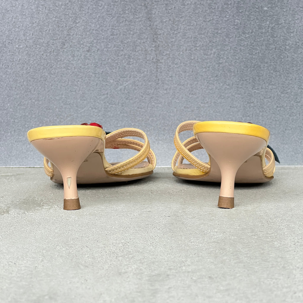 Jill Stuart | Red Flower Applique Yellow Patent Leather Kitten Heel Mules (M, 36)