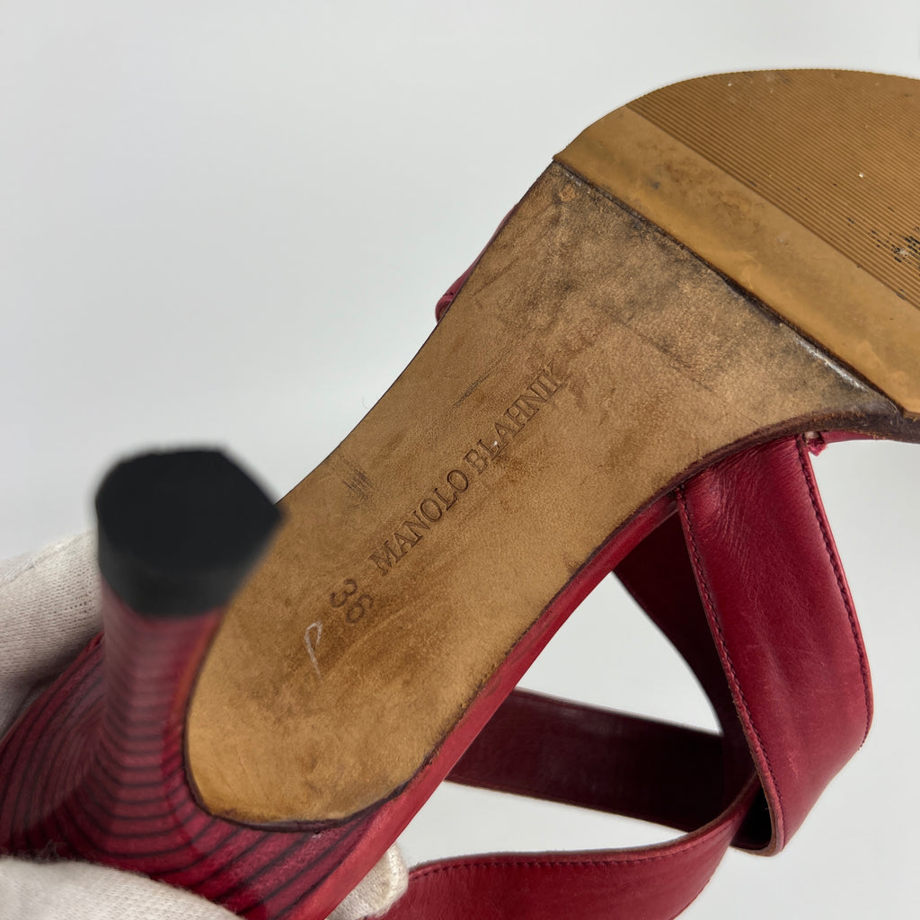 Manolo Blahnik | Red Leather Cross Strap Sandal Slide Mules (36)