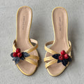 Jill Stuart | Red Flower Applique Yellow Patent Leather Kitten Heel Mules (M, 36)