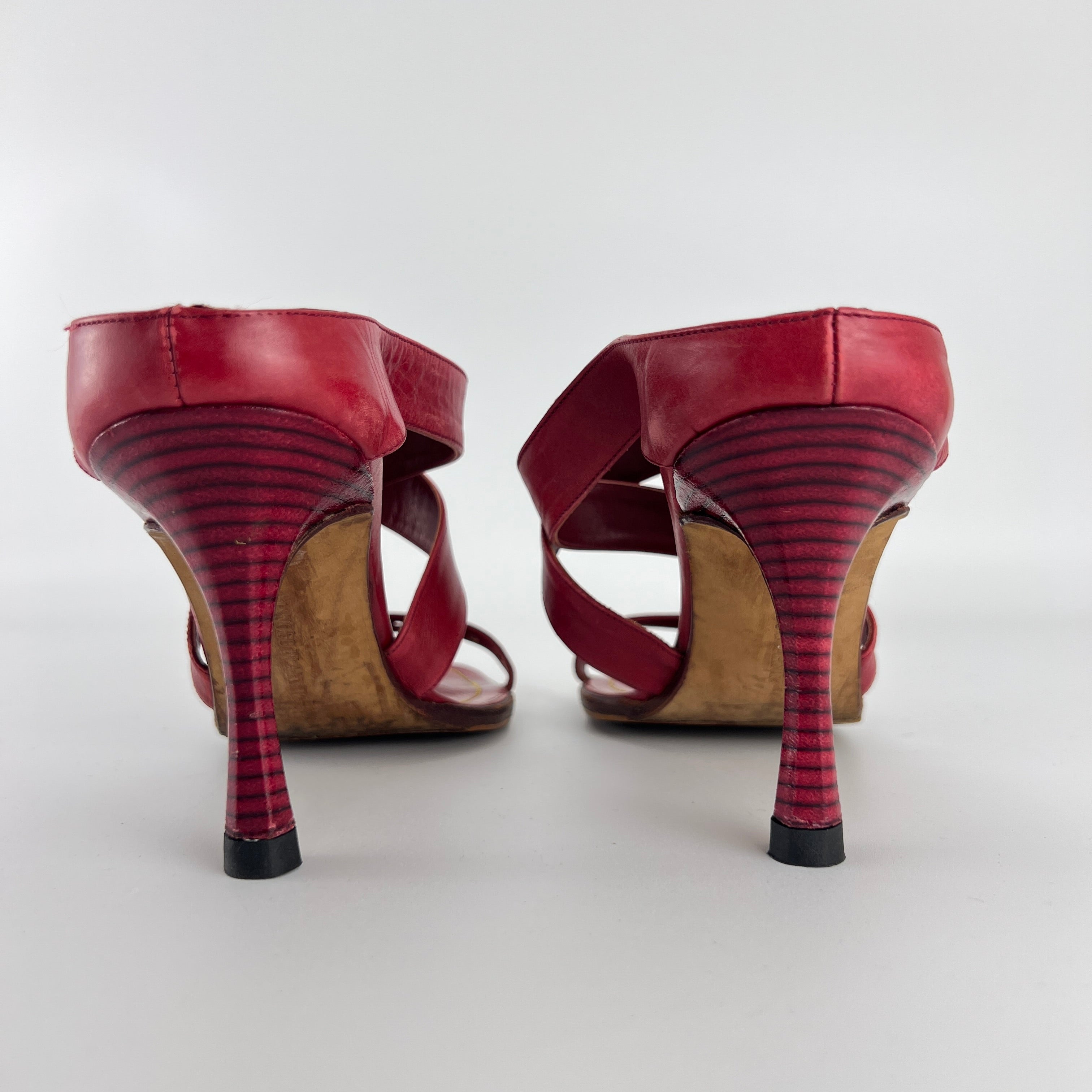 Manolo Blahnik | Red Leather Cross Strap Sandal Slide Mules (36)