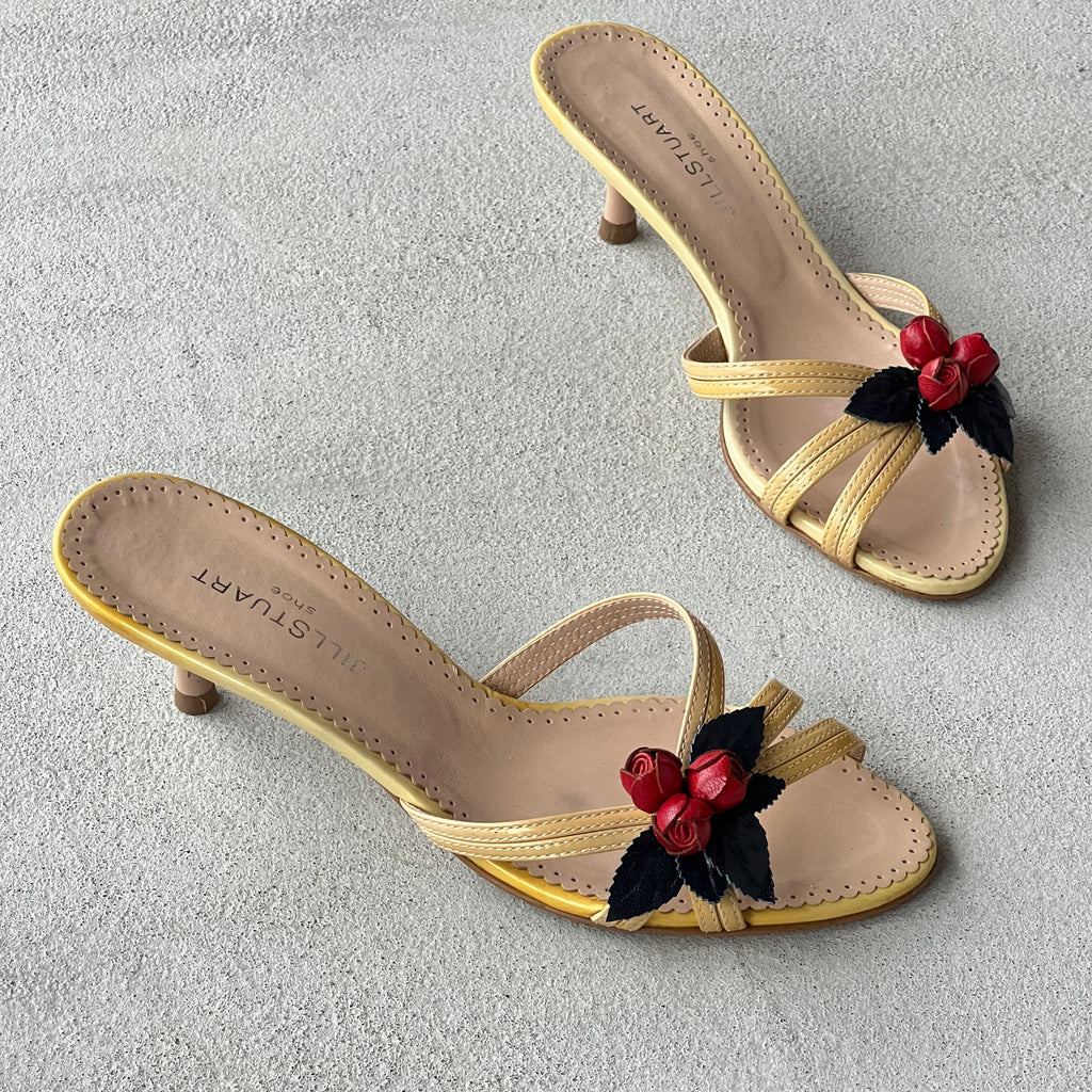 Jill Stuart | Red Flower Applique Yellow Patent Leather Kitten Heel Mules (M, 36)
