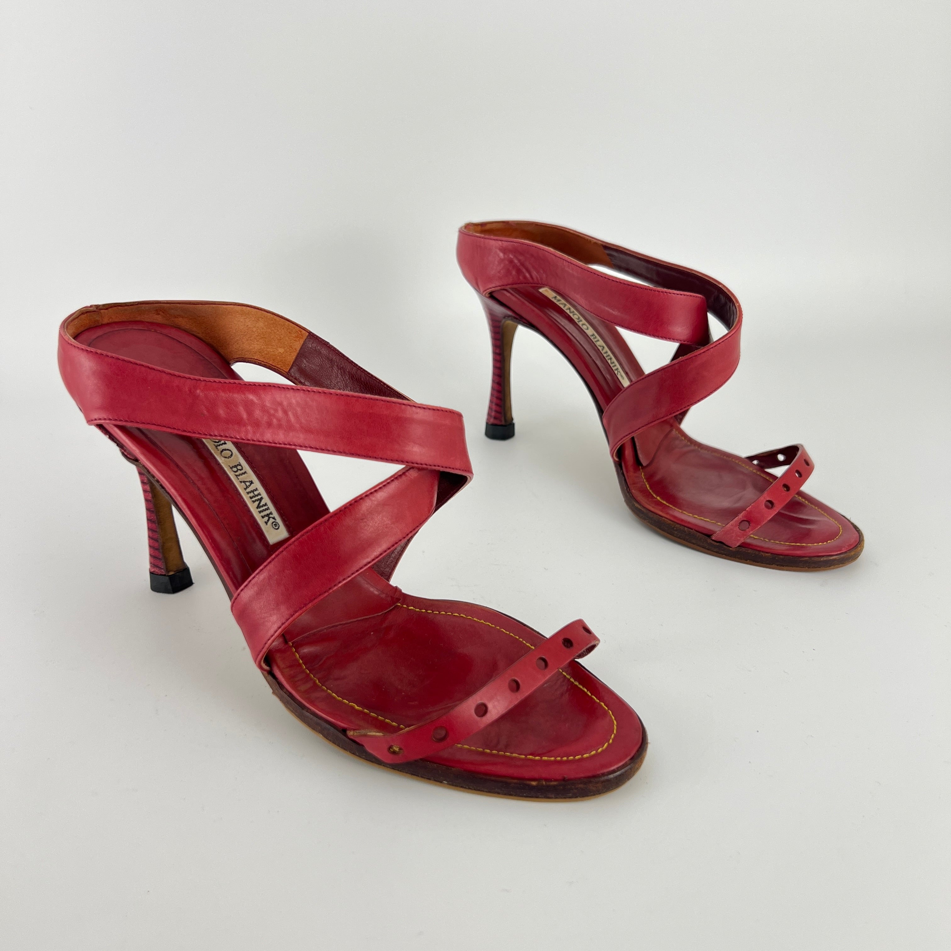 Manolo Blahnik | Red Leather Cross Strap Sandal Slide Mules (36)