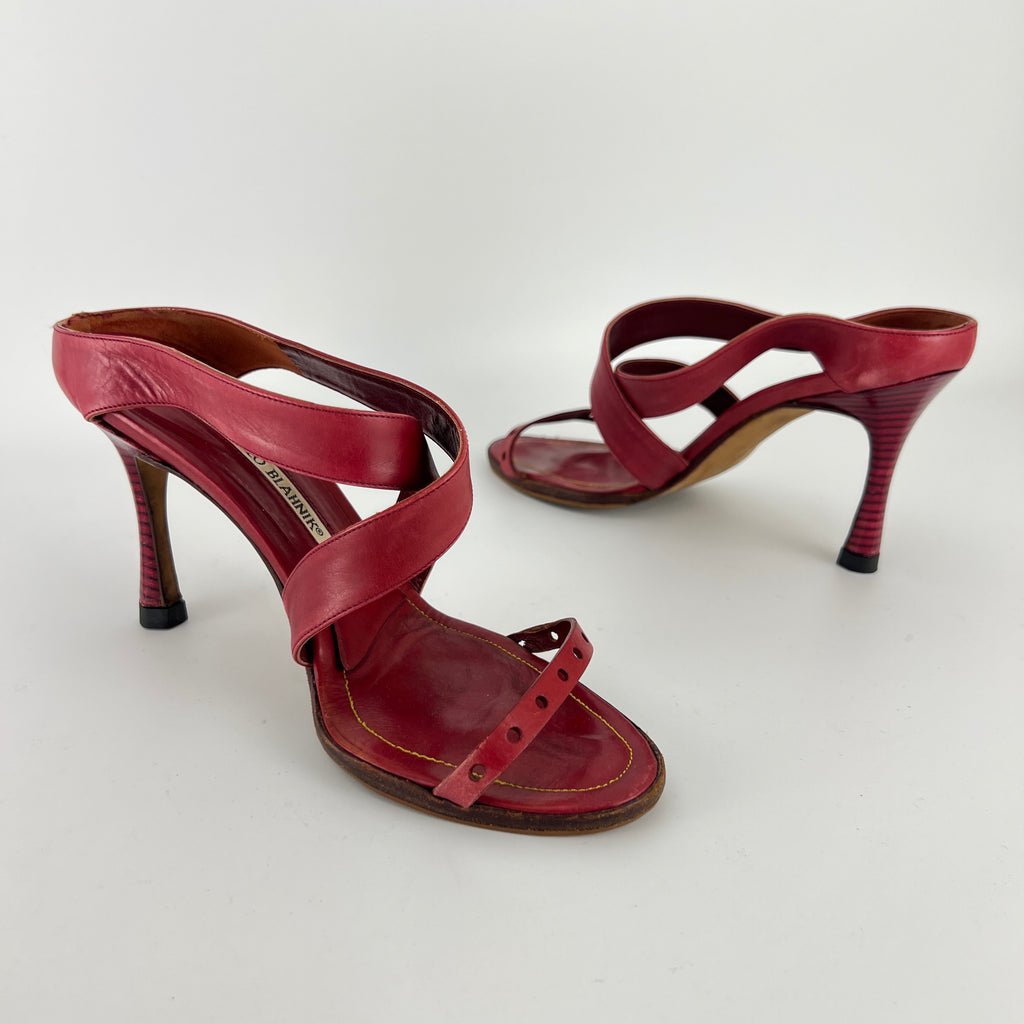 Manolo Blahnik | Red Leather Cross Strap Sandal Slide Mules (36)