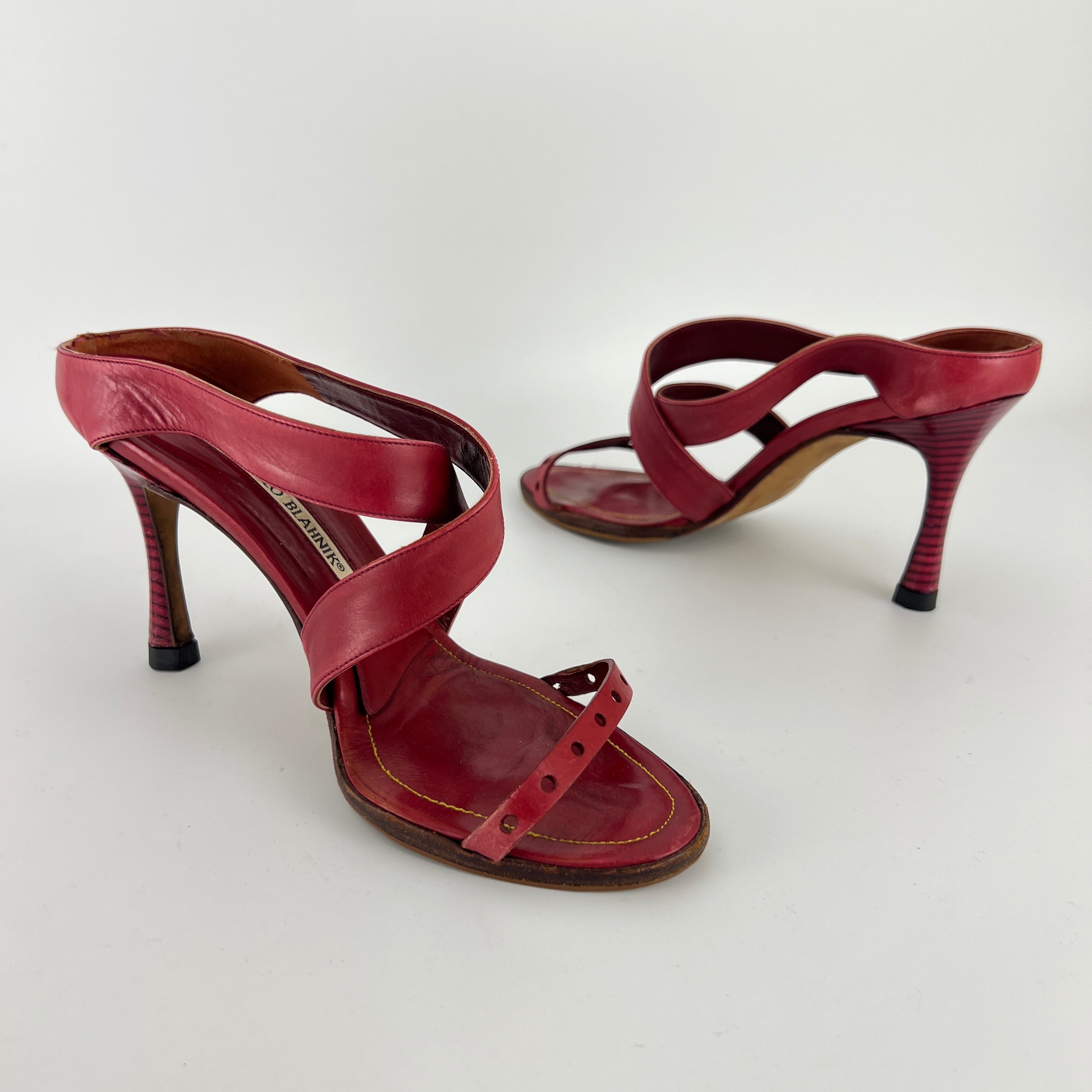 Manolo Blahnik | Red Leather Cross Strap Sandal Slide Mules (36)