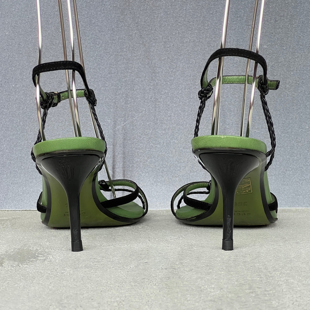 Gucci | 1997 Archival Tom Ford Era Black Leather Green Insole Sandal Heels (36)