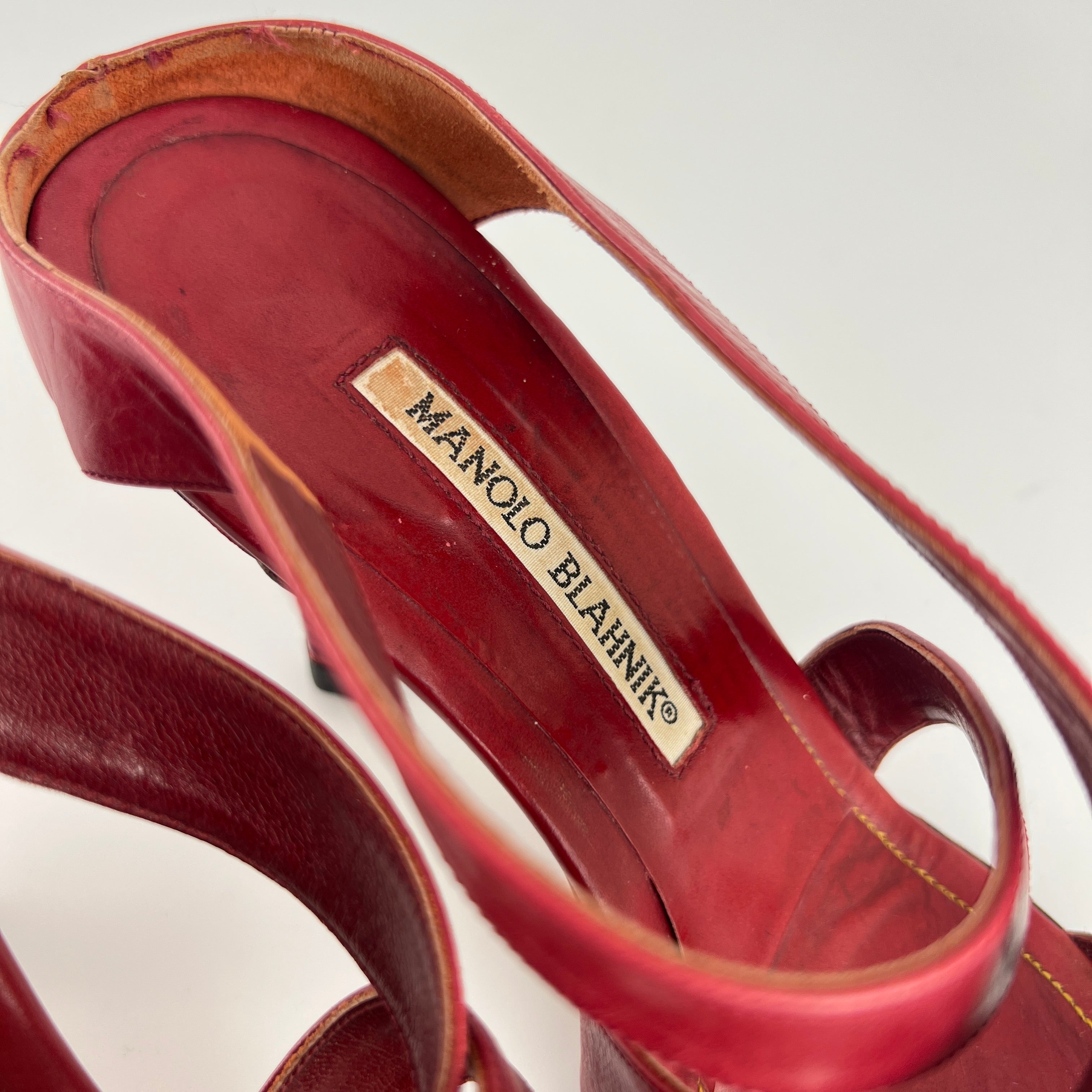 Manolo Blahnik | Red Leather Cross Strap Sandal Slide Mules (36)