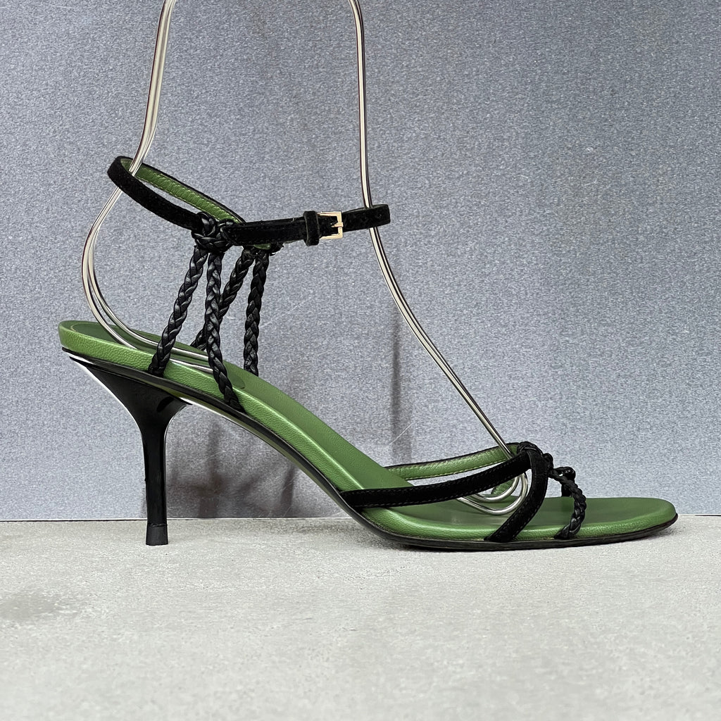 Gucci | 1997 Archival Tom Ford Era Black Leather Green Insole Sandal Heels (36)