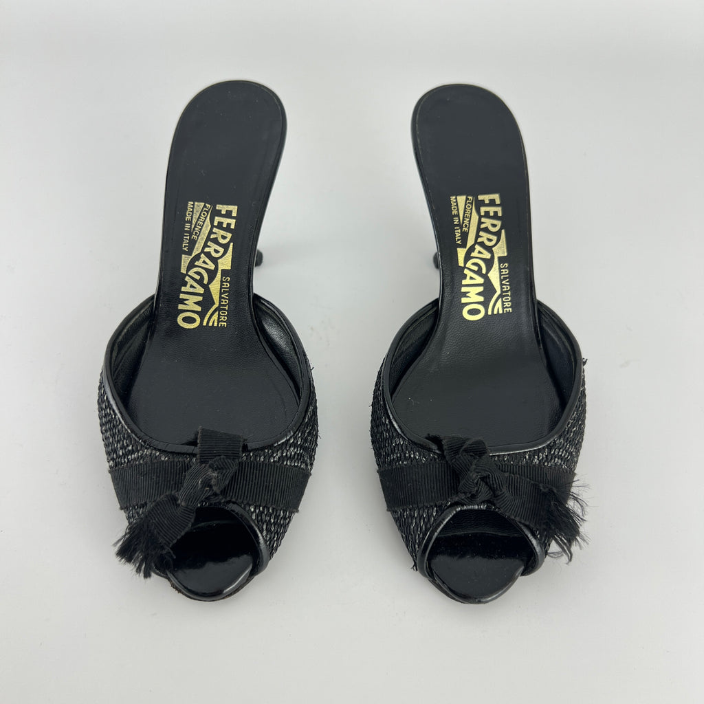 Ferragamo | Black Bow Ribbon Leather Stiletto Mules (34.5 , 4.5)
