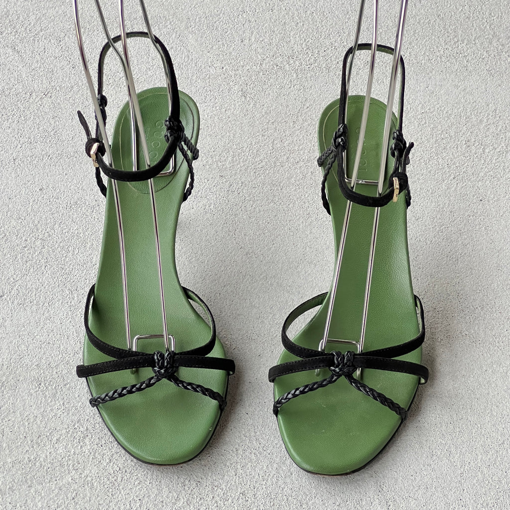 Gucci | 1997 Archival Tom Ford Era Black Leather Green Insole Sandal Heels (36)
