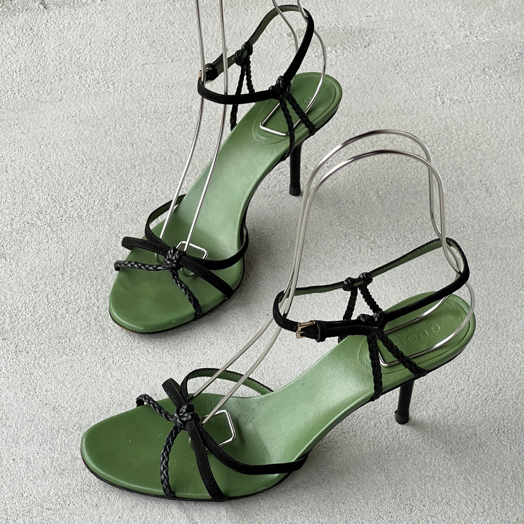 Gucci | 1997 Archival Tom Ford Era Black Leather Green Insole Sandal Heels (36)