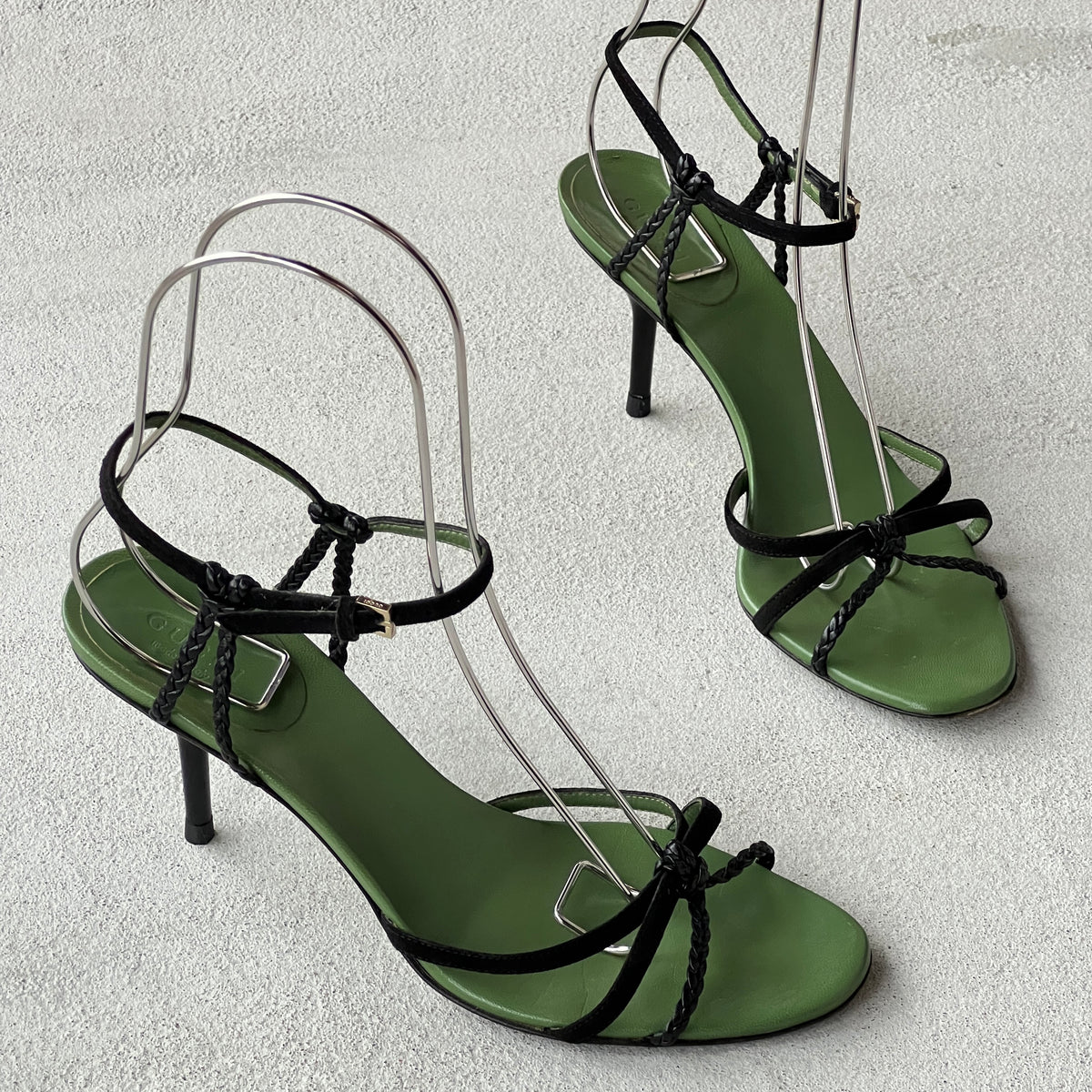 Gucci | 1997 Archival Tom Ford Era Black Leather Green Insole Sandal Heels (36)