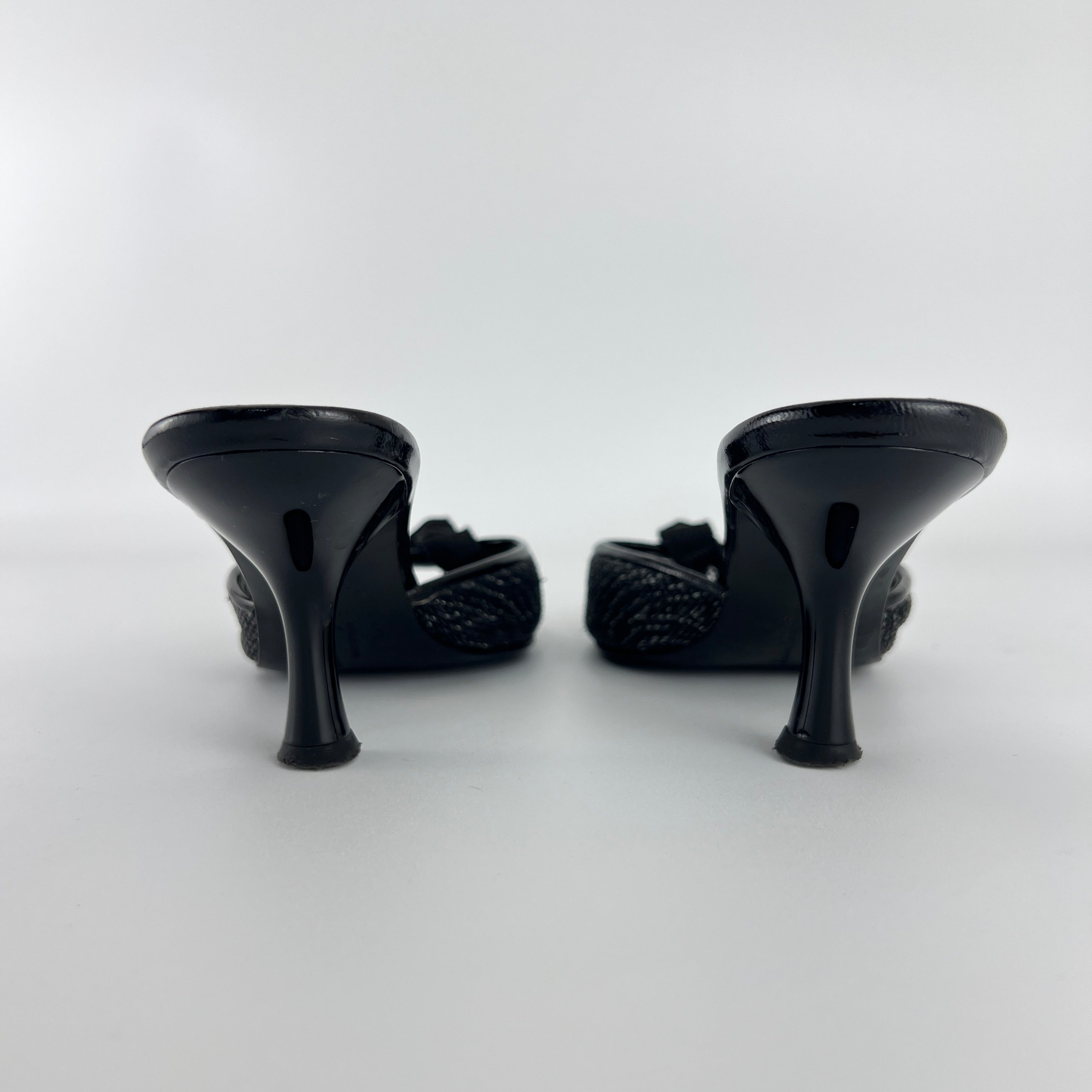 Ferragamo | Black Bow Ribbon Leather Stiletto Mules (34.5 , 4.5)