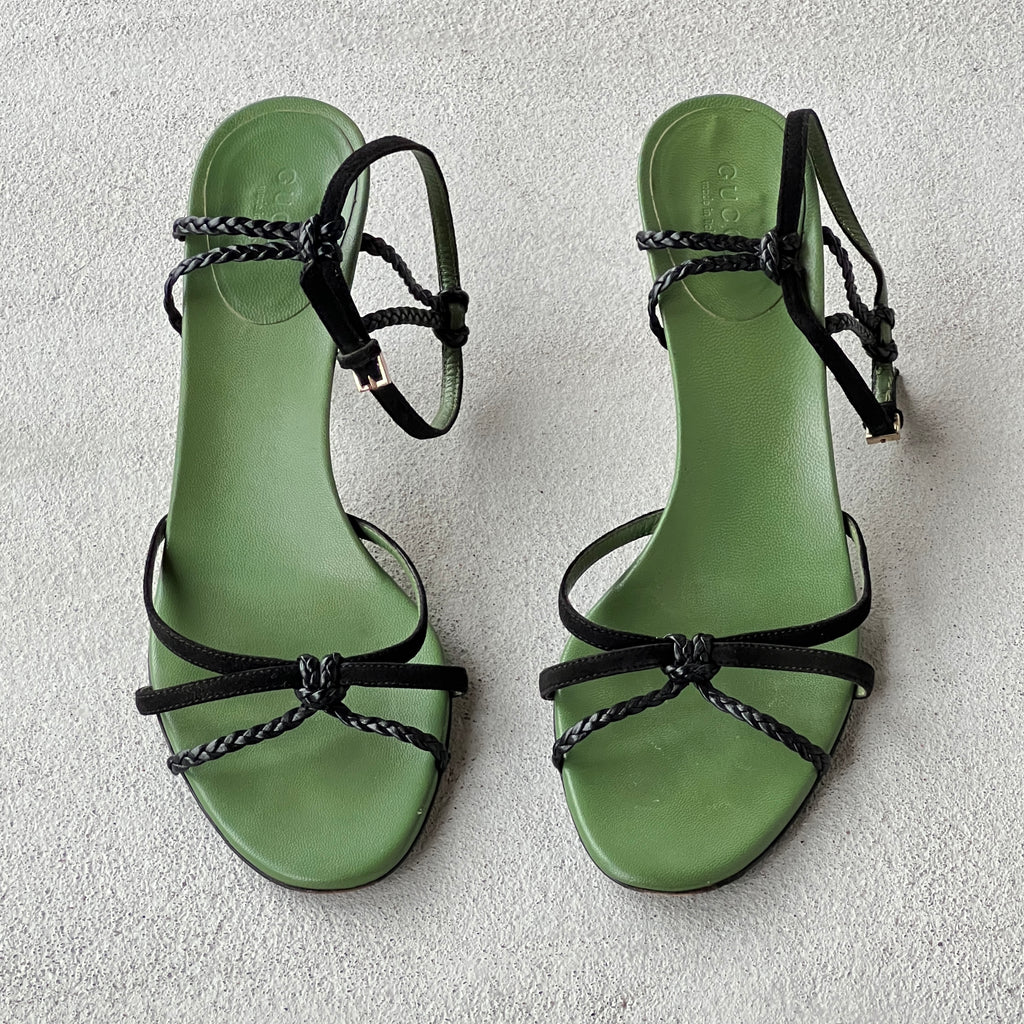 Gucci | 1997 Archival Tom Ford Era Black Leather Green Insole Sandal Heels (36)