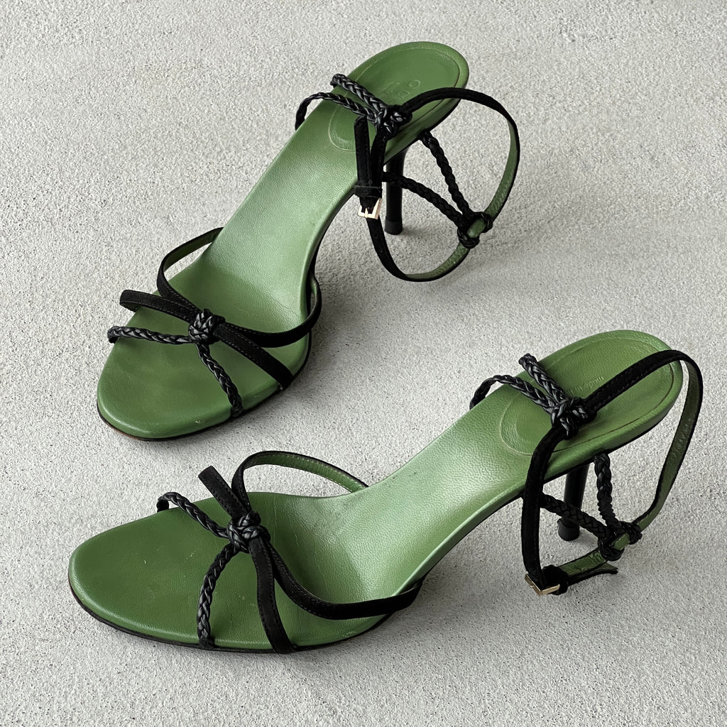 Gucci | 1997 Archival Tom Ford Era Black Leather Green Insole Sandal Heels (36)