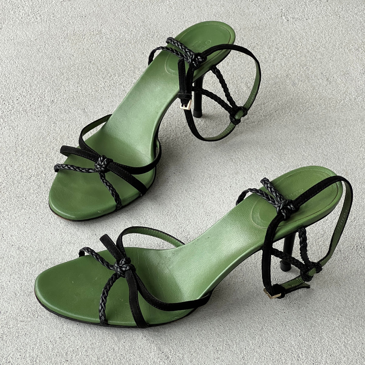 Gucci | 1997 Archival Tom Ford Era Black Leather Green Insole Sandal Heels (36)