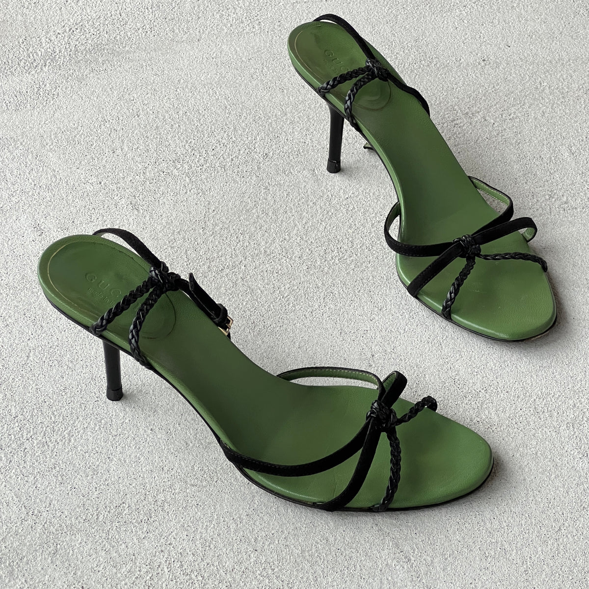 Gucci | 1997 Archival Tom Ford Era Black Leather Green Insole Sandal Heels (36)