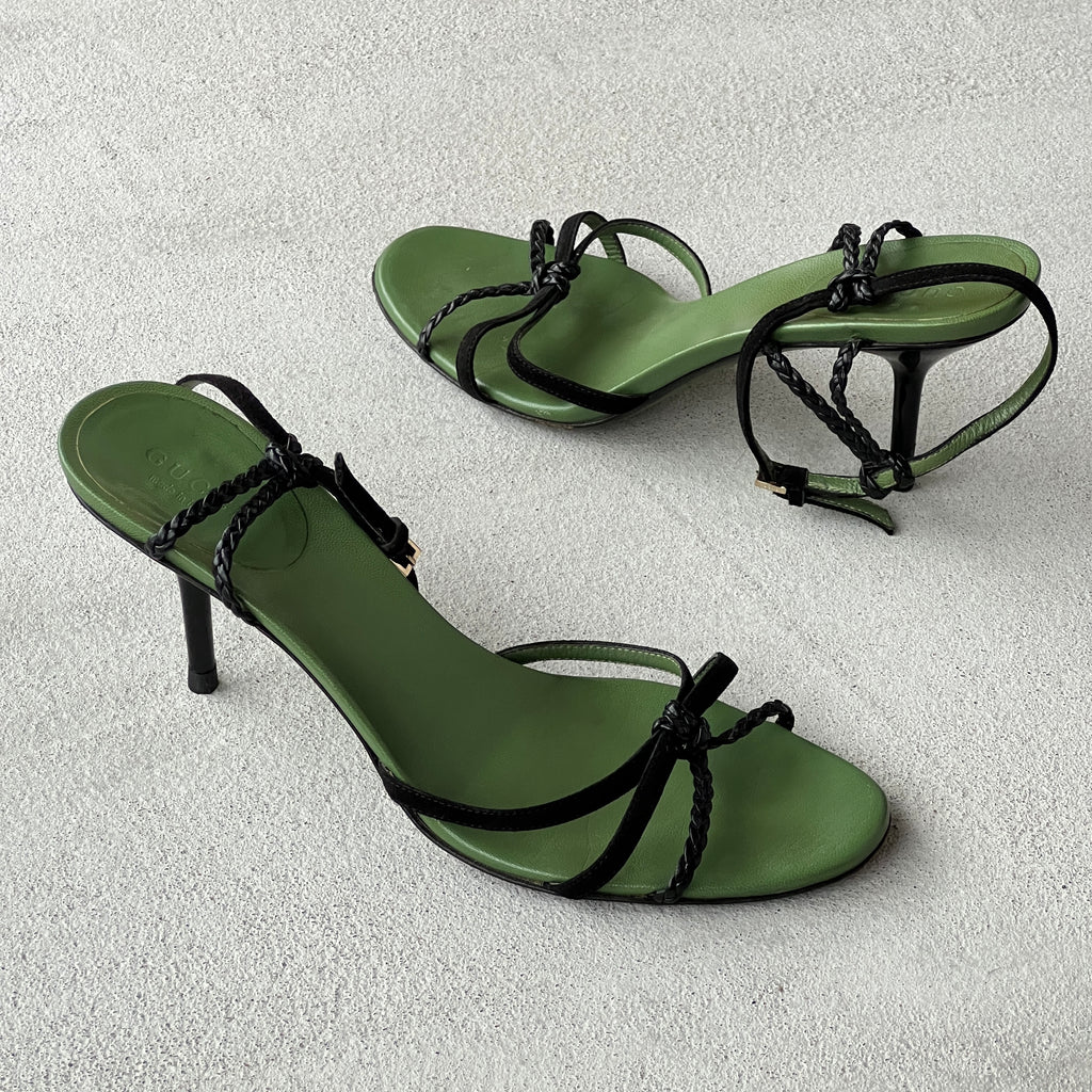 Gucci | 1997 Archival Tom Ford Era Black Leather Green Insole Sandal Heels (36)
