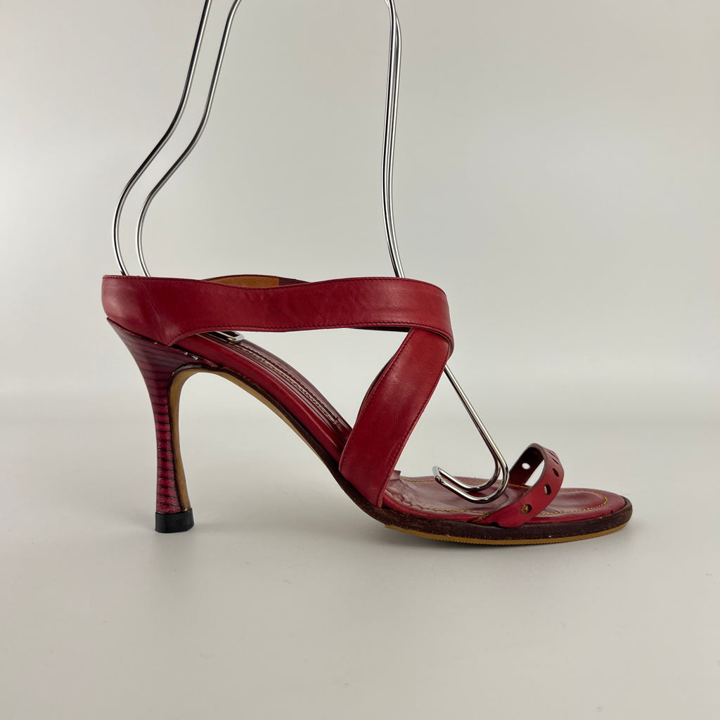 Manolo Blahnik | Red Leather Cross Strap Sandal Slide Mules (36)