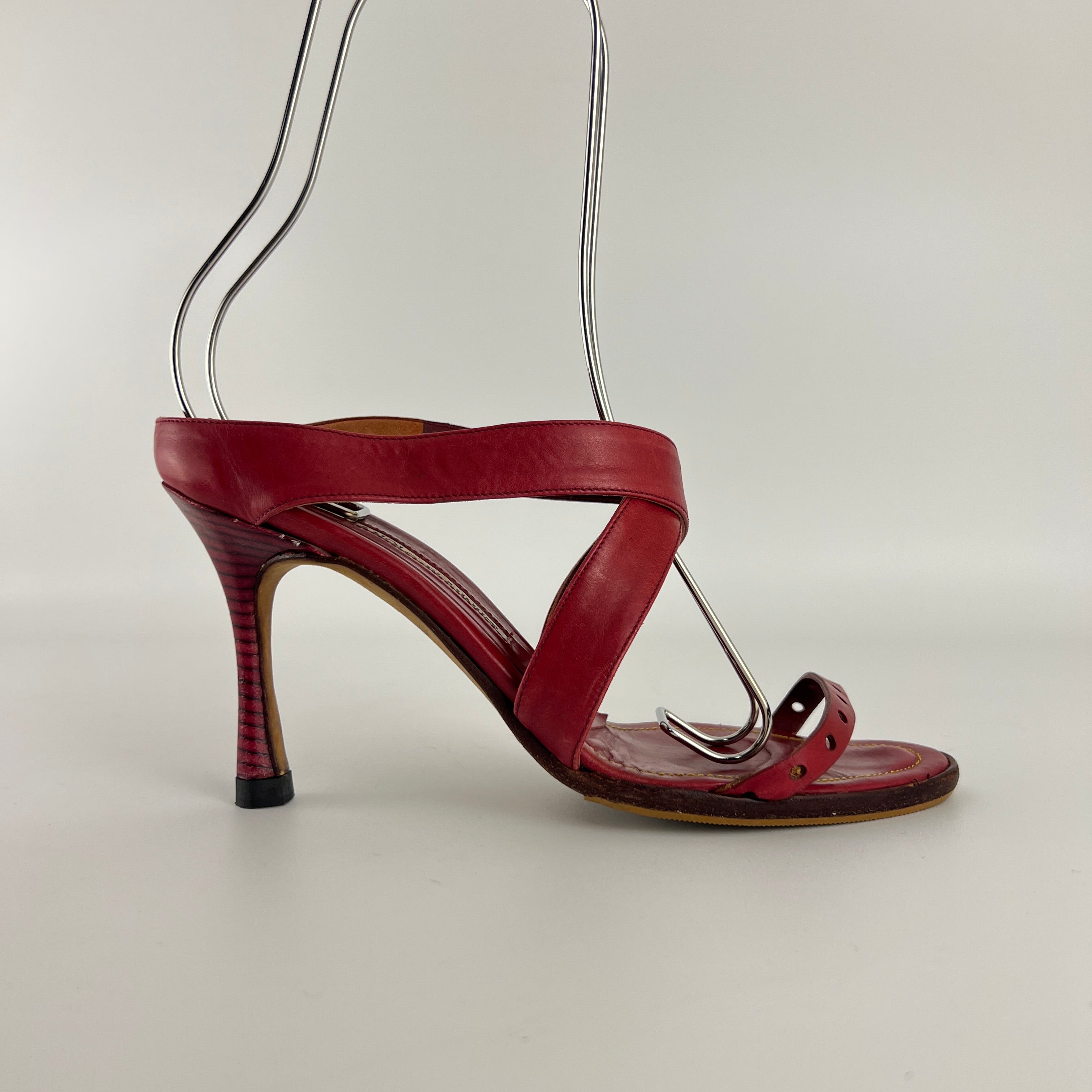 Manolo Blahnik | Red Leather Cross Strap Sandal Slide Mules (36)