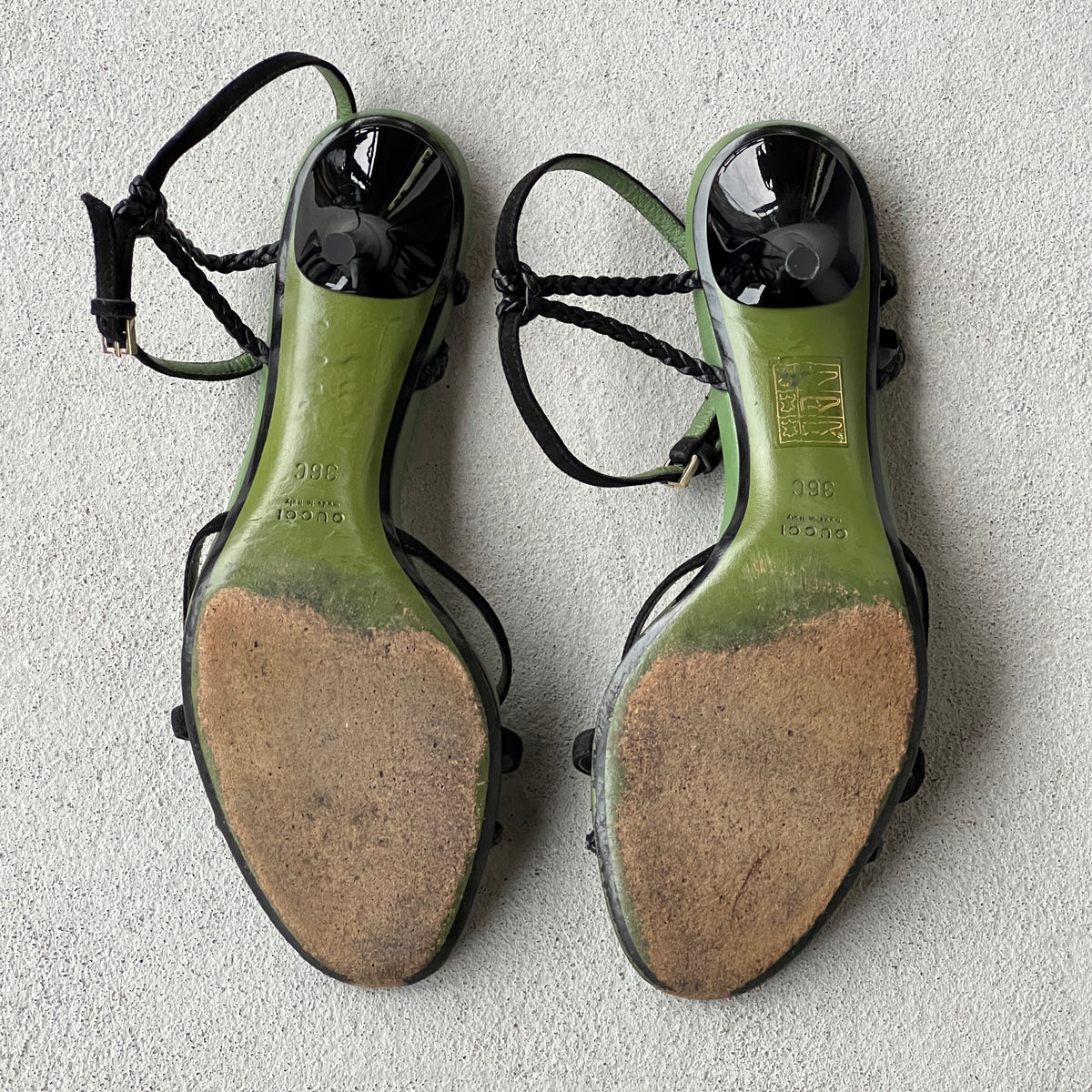 Gucci | 1997 Archival Tom Ford Era Black Leather Green Insole Sandal Heels (36)