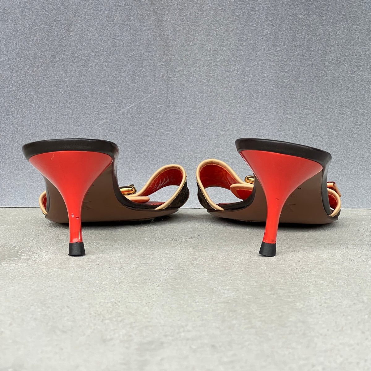 Louis Vuitton | 2006 Vintage LV Monogram Perforated Orange Brown Leather Buckle Mules (39.5)