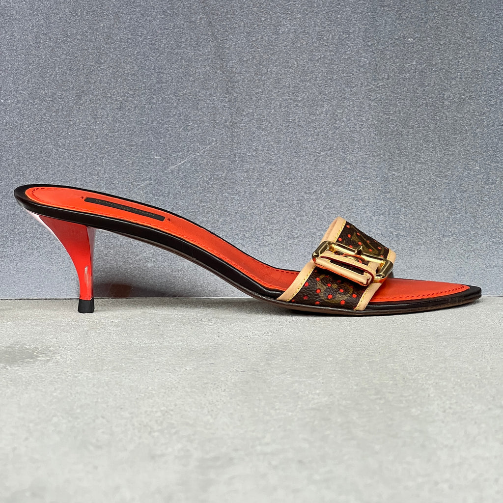 Louis Vuitton | 2006 Vintage LV Monogram Perforated Orange Brown Leather Buckle Mules (39.5)