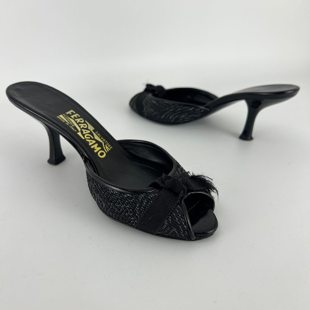 Ferragamo | Black Bow Ribbon Leather Stiletto Mules (34.5 , 4.5)