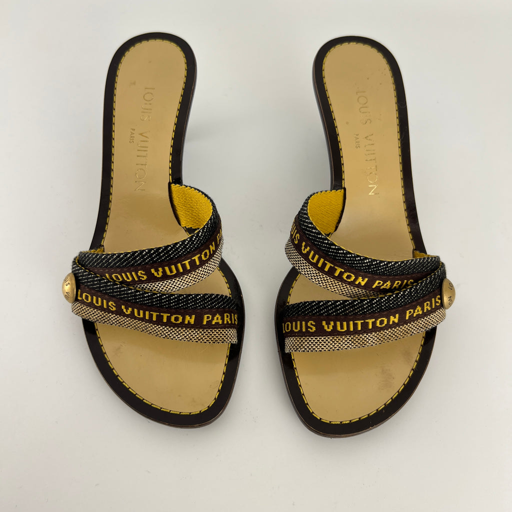 Louis Vuitton | Brown Black Canvas Strappy Sandal Mules Gold LV Button (36)