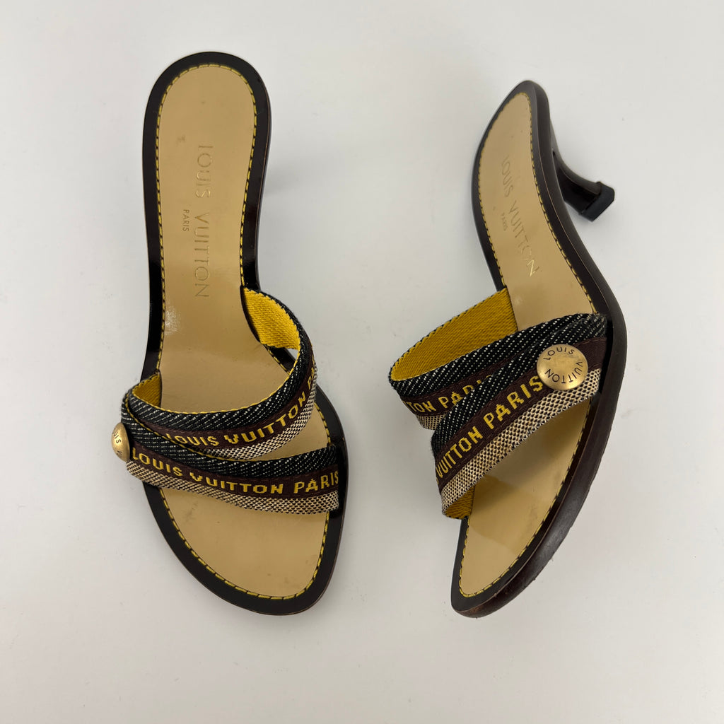 Louis Vuitton | Brown Black Canvas Strappy Sandal Mules Gold LV Button (36)