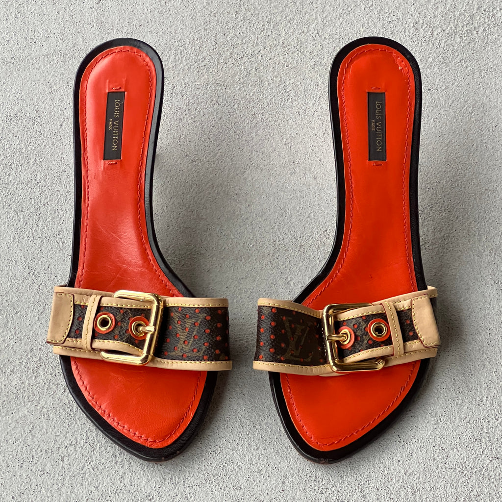 Louis Vuitton | 2006 Vintage LV Monogram Perforated Orange Brown Leather Buckle Mules (39.5)